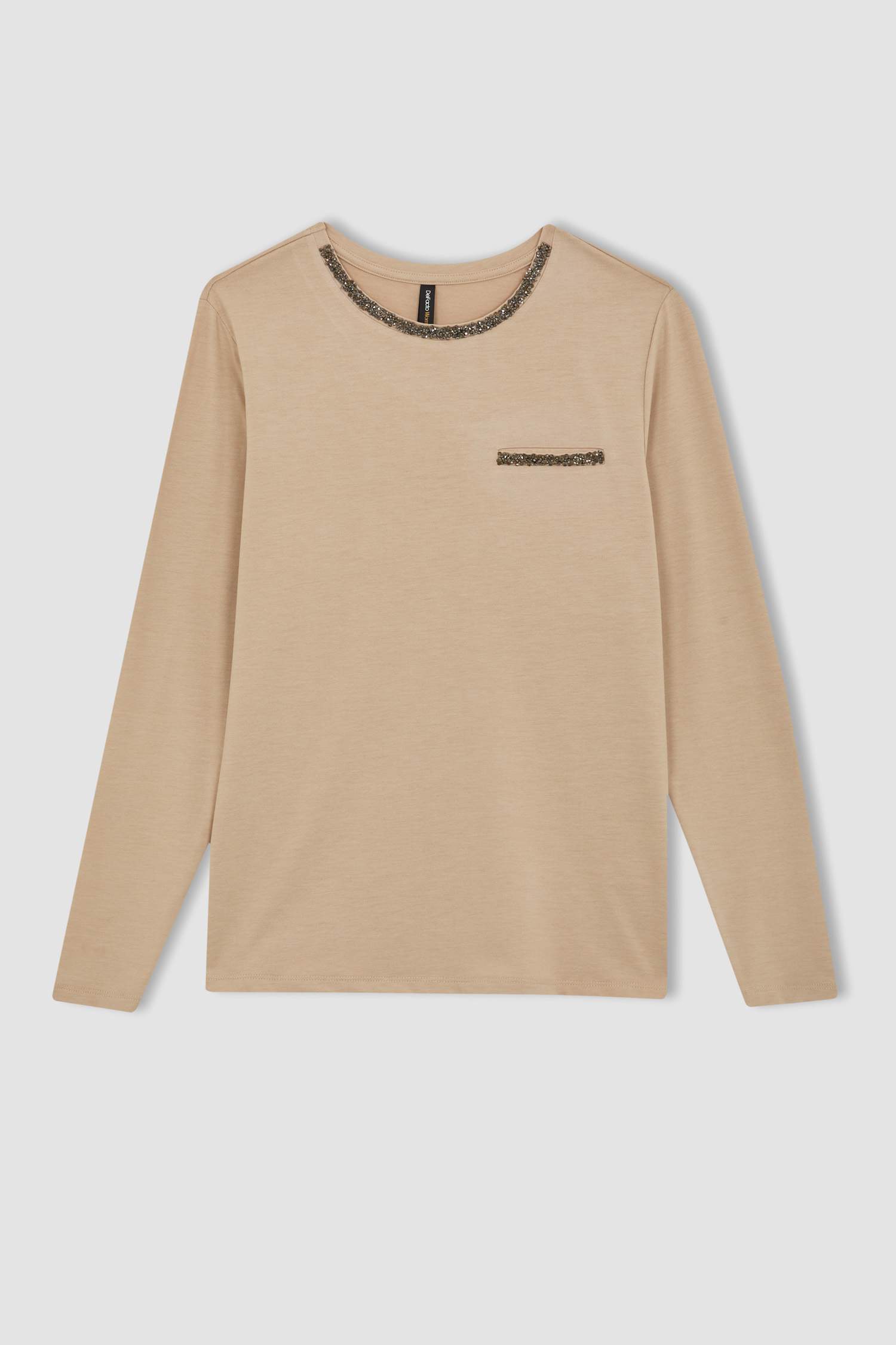 تيشيرت كم طويل بقصة عادية برقبة مستديرة