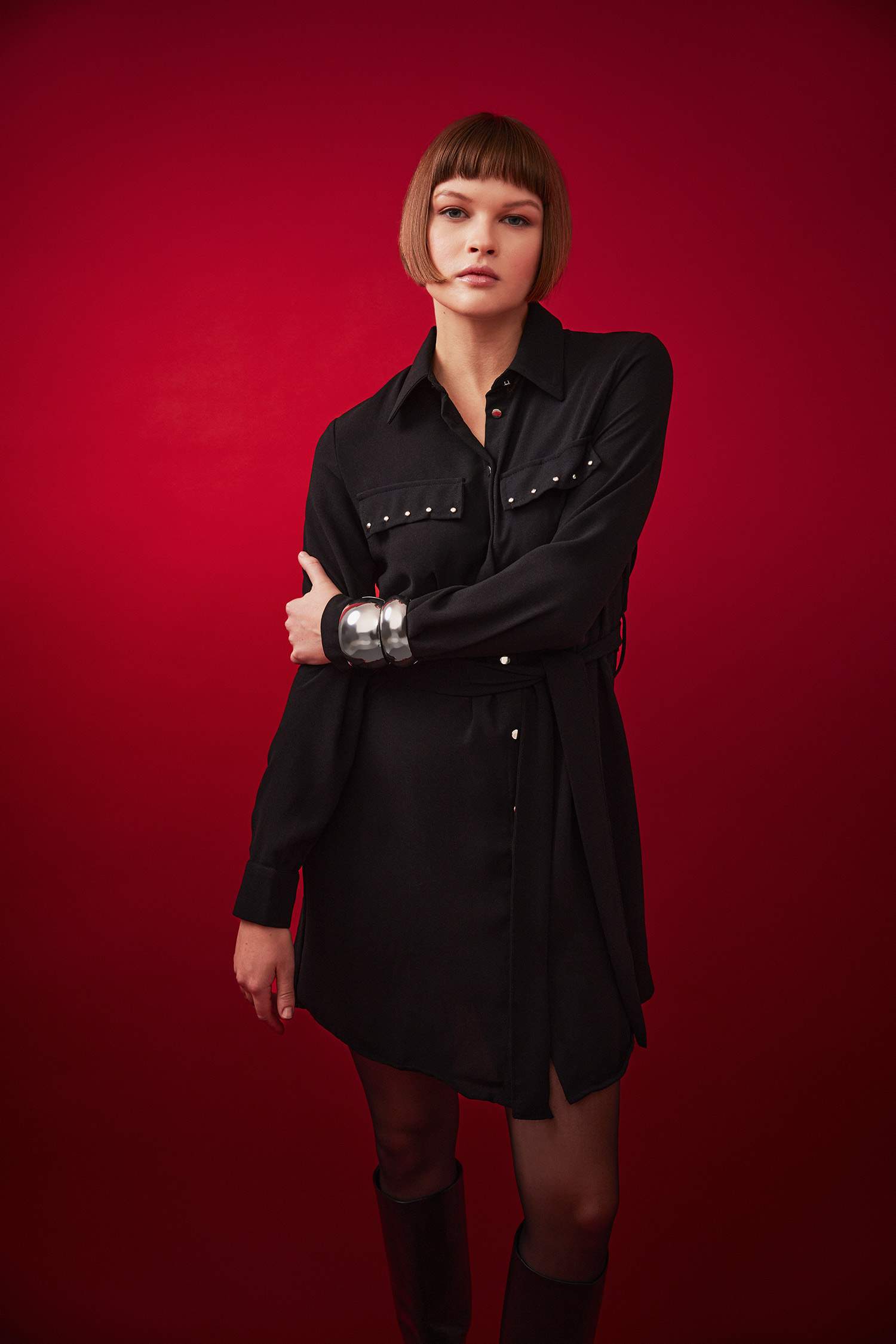 Shirt Collar Belted Long Sleeve Mini Crepe Dress