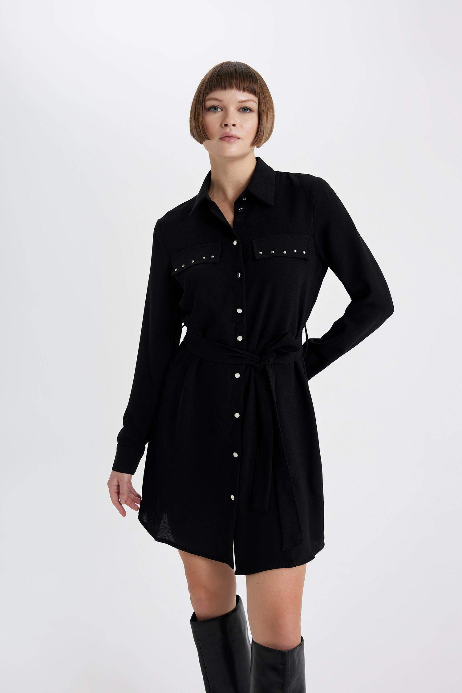 Shirt Collar Belted Long Sleeve Mini Crepe Dress