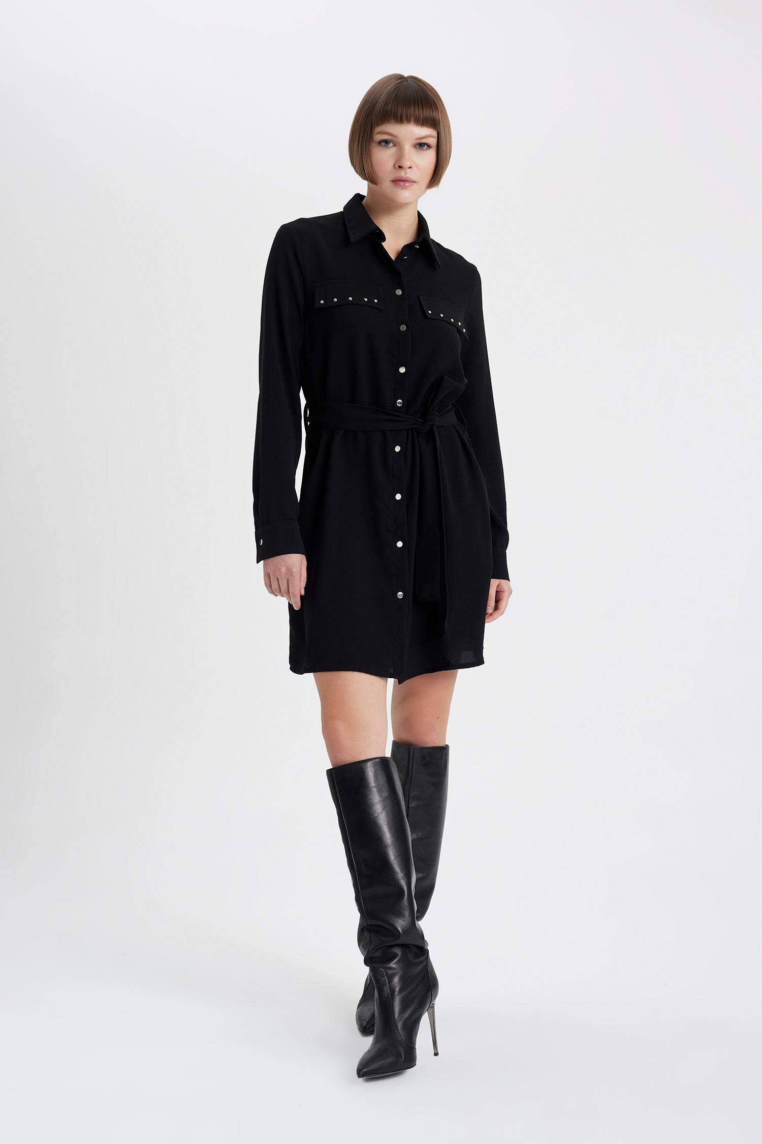 Shirt Collar Belted Long Sleeve Mini Crepe Dress