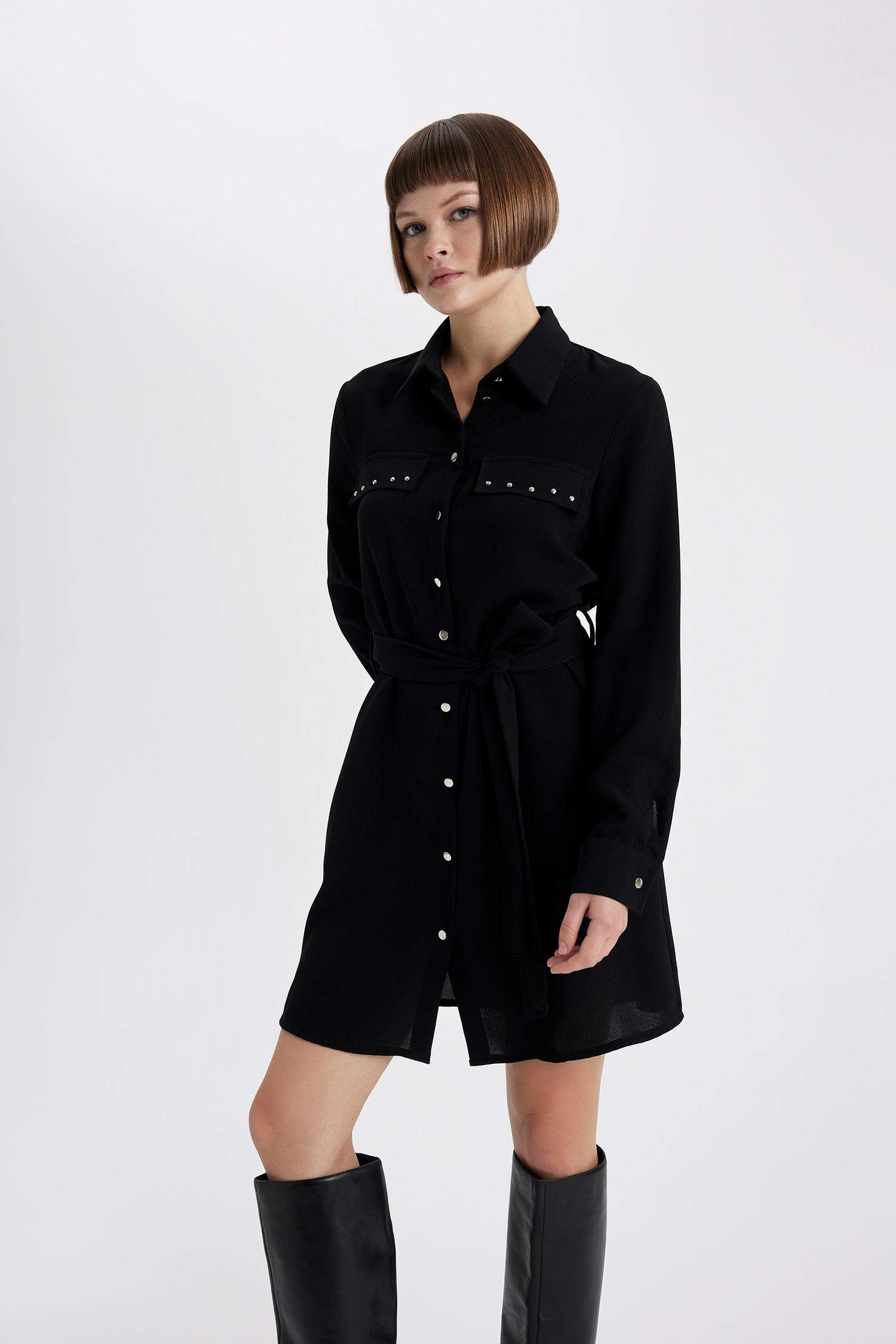 Shirt Collar Belted Long Sleeve Mini Crepe Dress