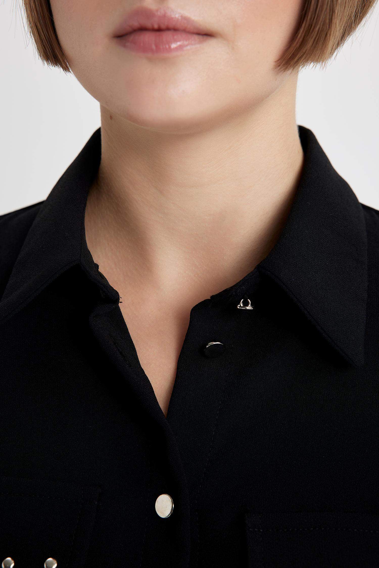 Shirt Collar Belted Long Sleeve Mini Crepe Dress