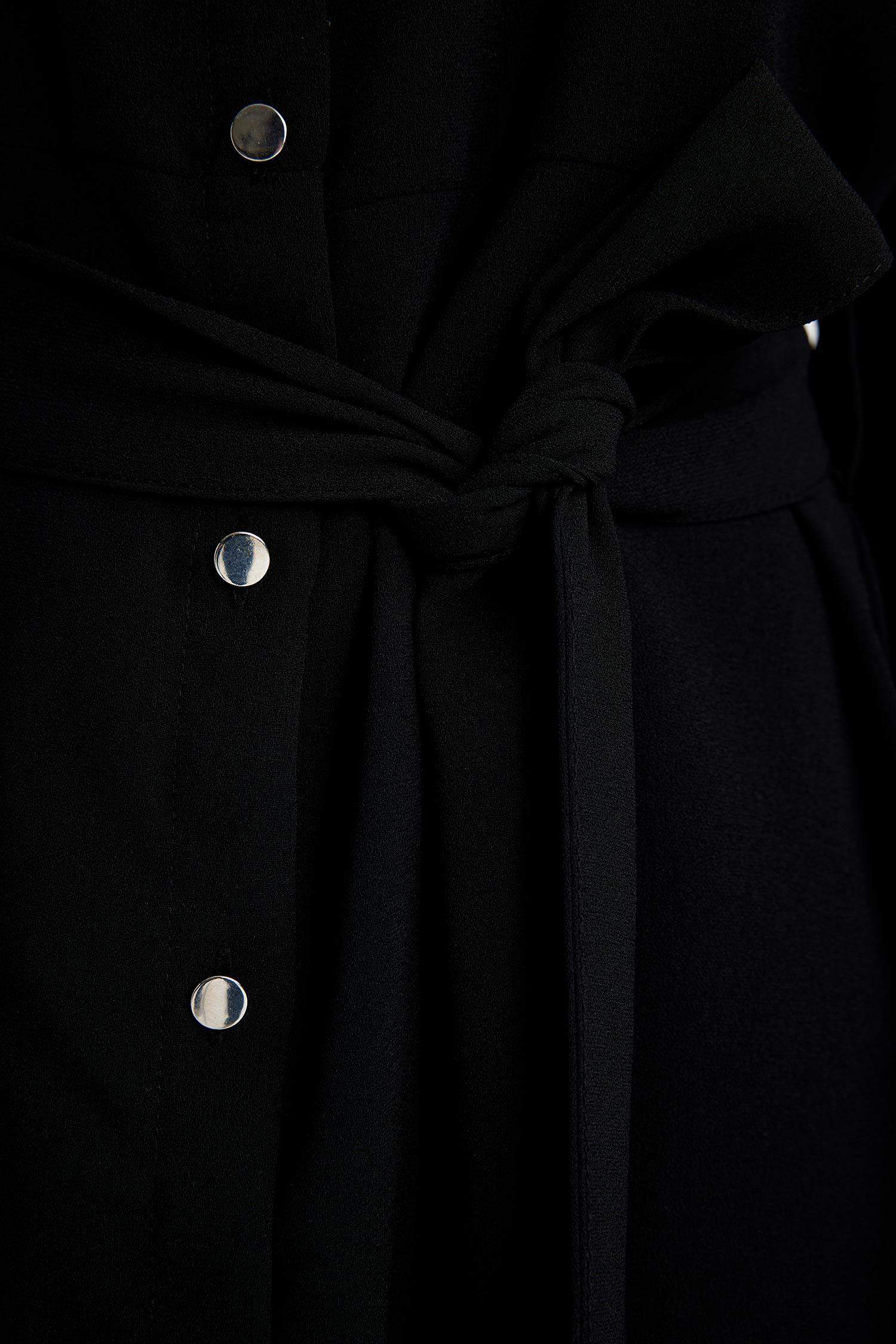 Shirt Collar Belted Long Sleeve Mini Crepe Dress