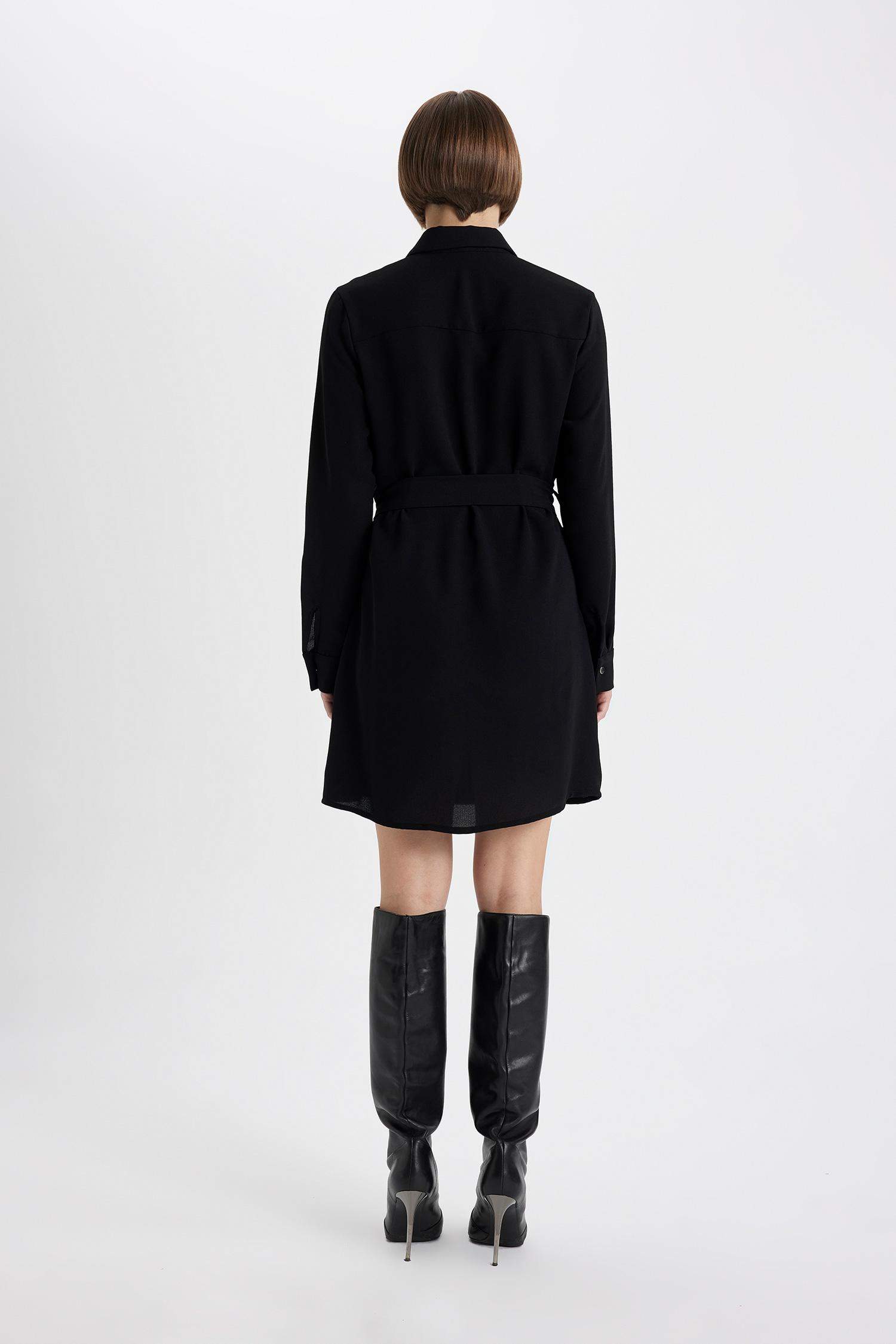 Shirt Collar Belted Long Sleeve Mini Crepe Dress