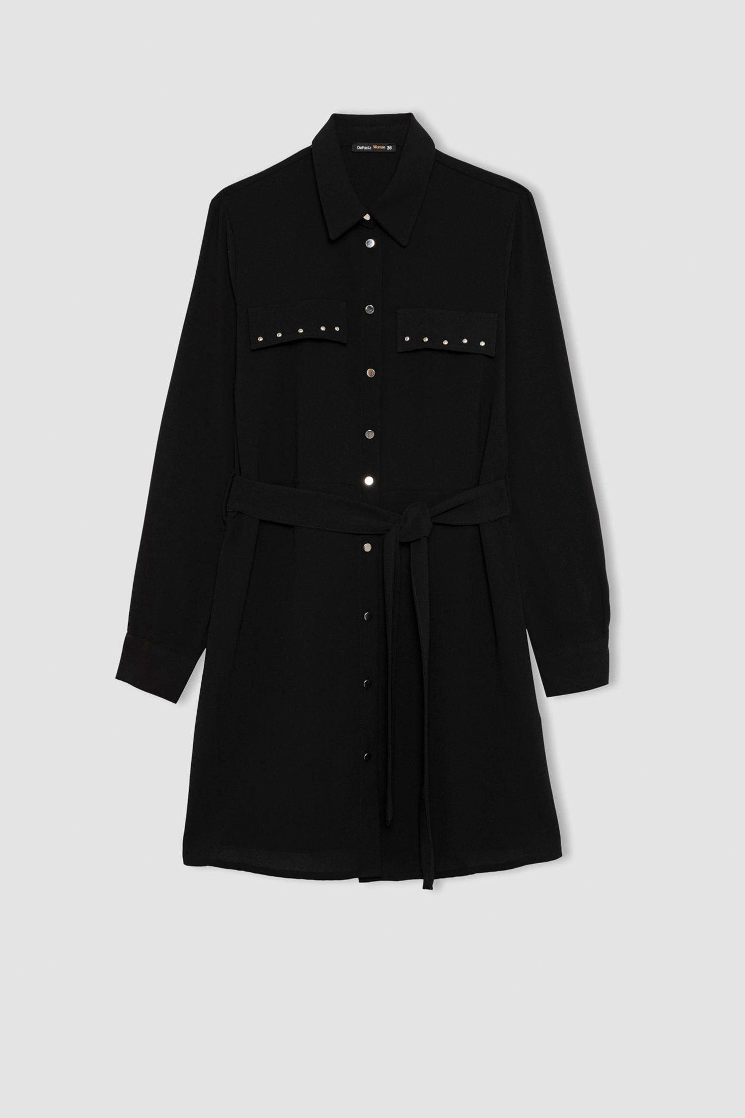 Shirt Collar Belted Long Sleeve Mini Crepe Dress