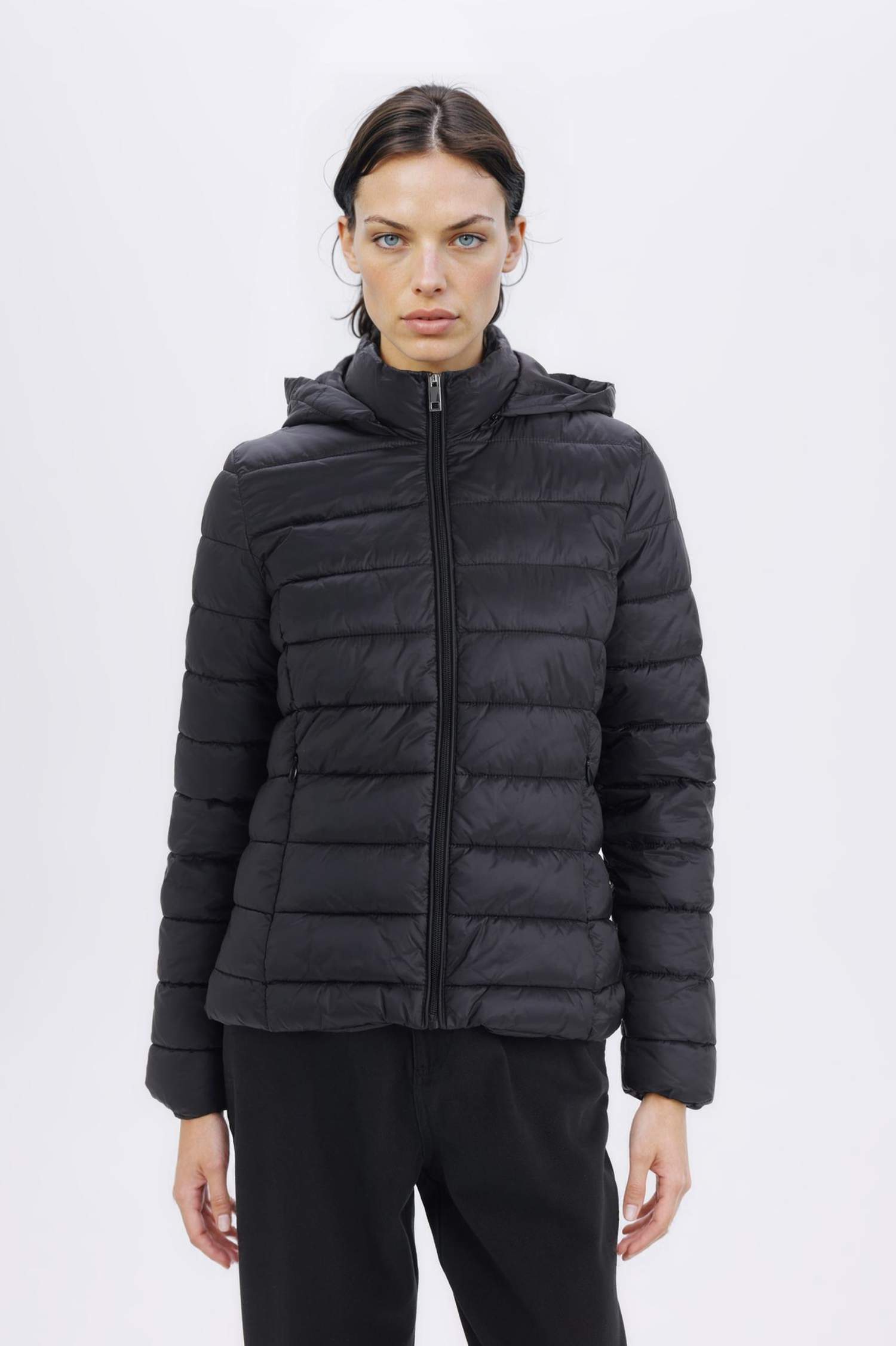 Su Geçirmez Hafif Şişme Mont Kapüşonlu Kapitoneli Fermuarlı Cepli Basic Düz Mevsimlik