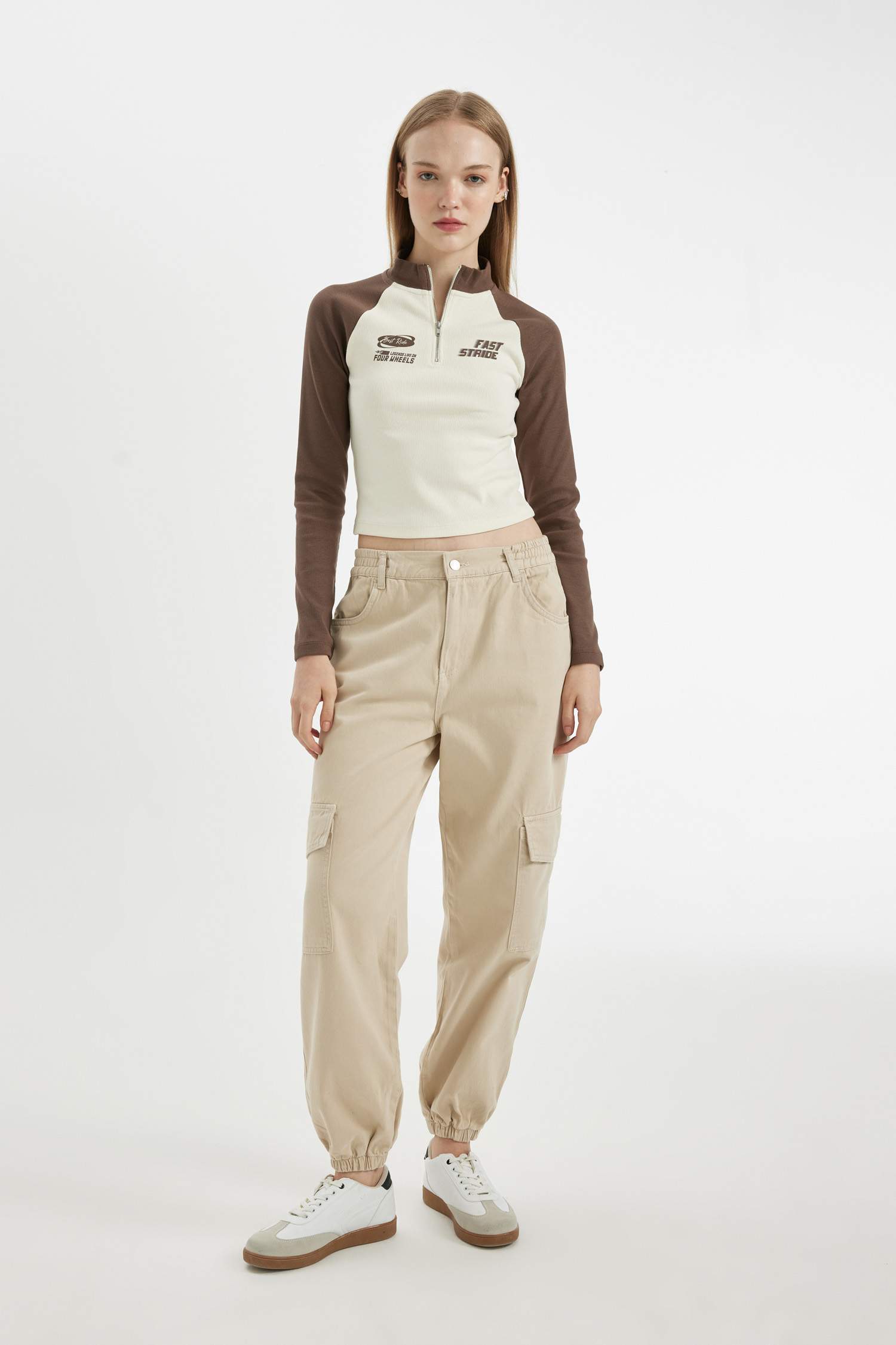 Coool Fitted Fitilli Kaşkorse Yarım Fermuarlı Dik Yaka Renk Bloklu Baskılı Uzun Kollu Tişört