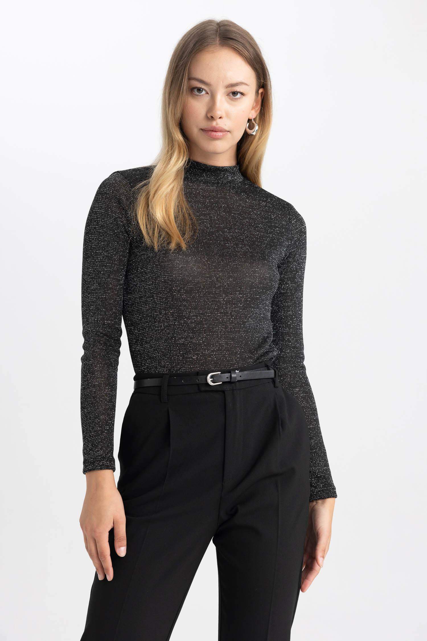 Slim Fit Turtleneck Glitter Fabric Long Sleeve T-Shirt