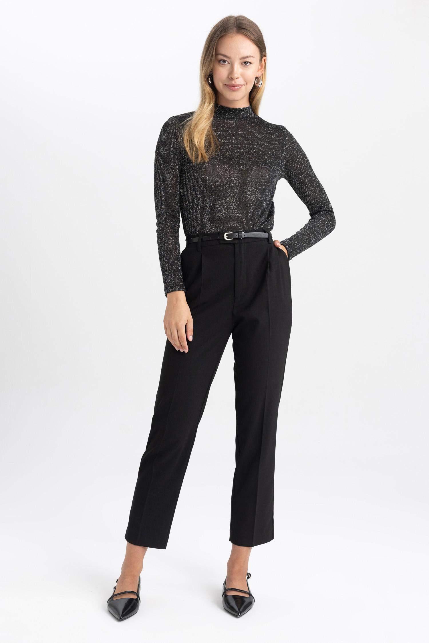 Slim Fit Turtleneck Glitter Fabric Long Sleeve T-Shirt