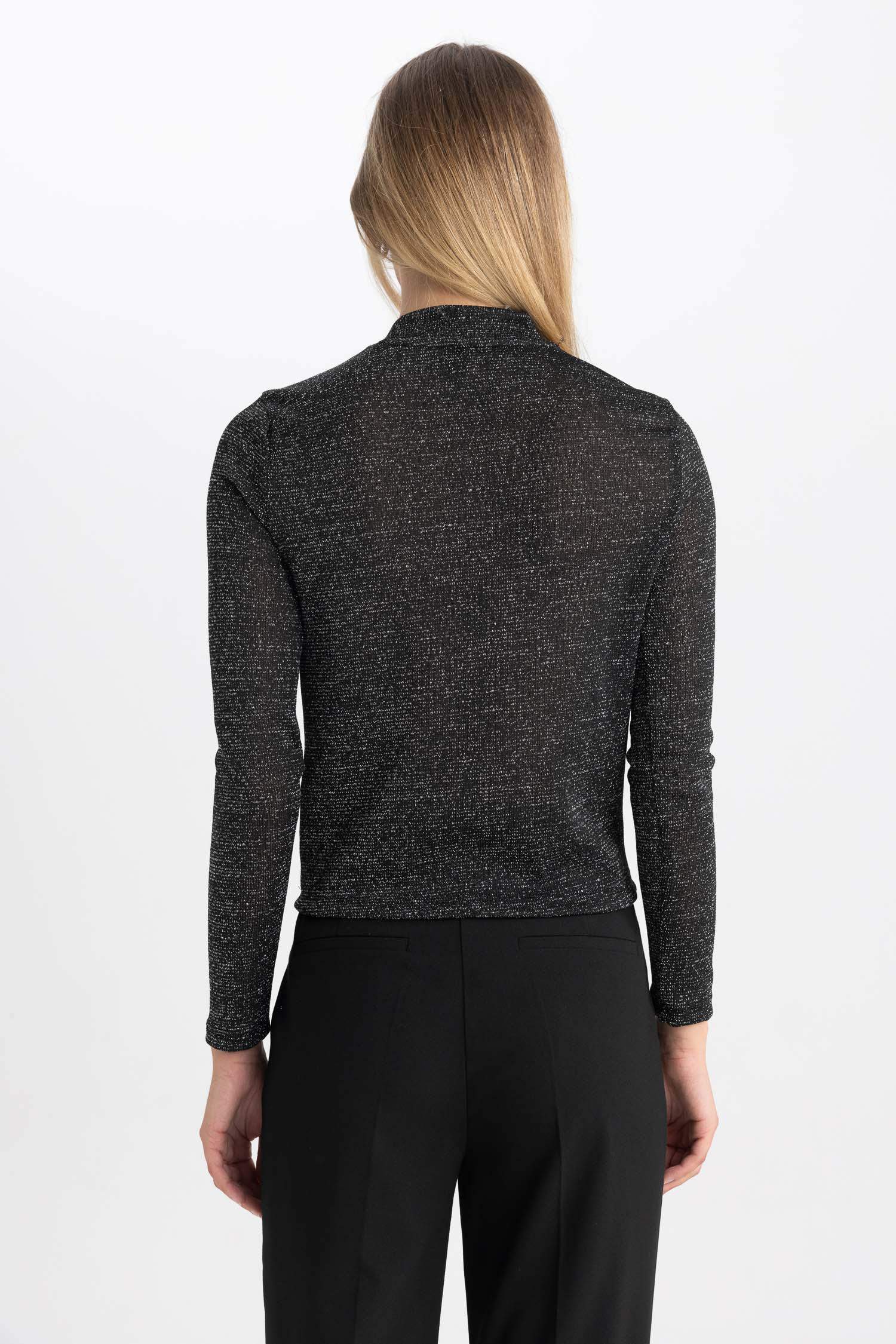 Slim Fit Turtleneck Glitter Fabric Long Sleeve T-Shirt