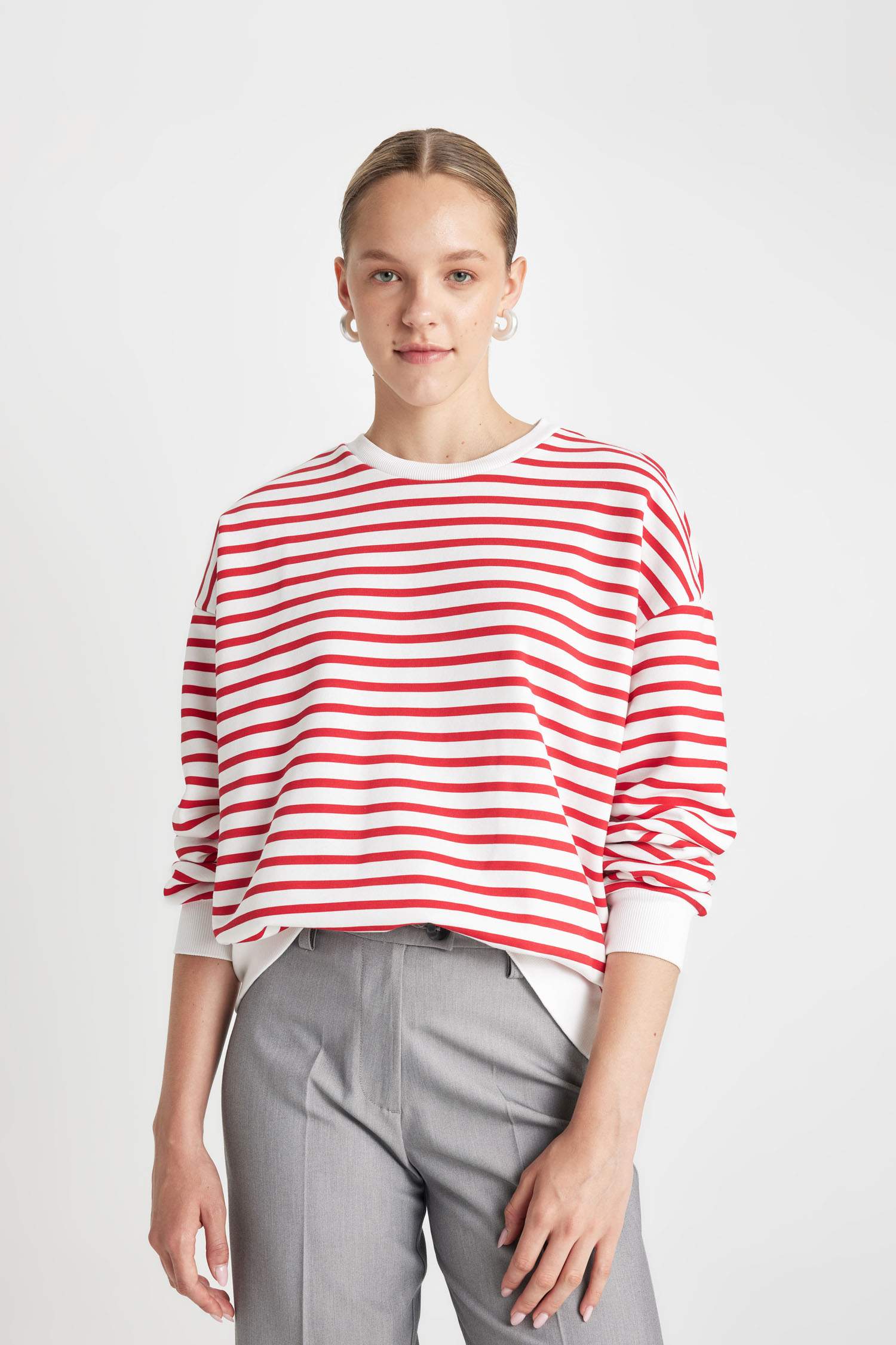 Sweatshirt Oversize rayé à col rond en tissu épais