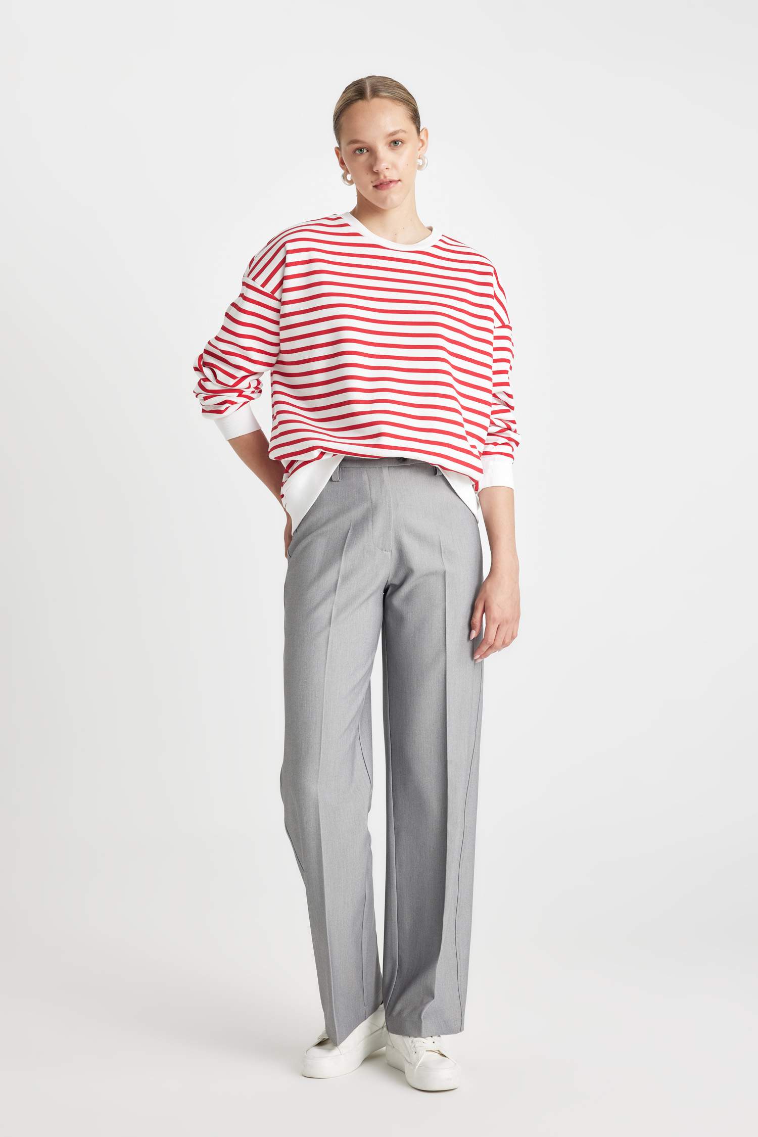 Sweatshirt Oversize rayé à col rond en tissu épais