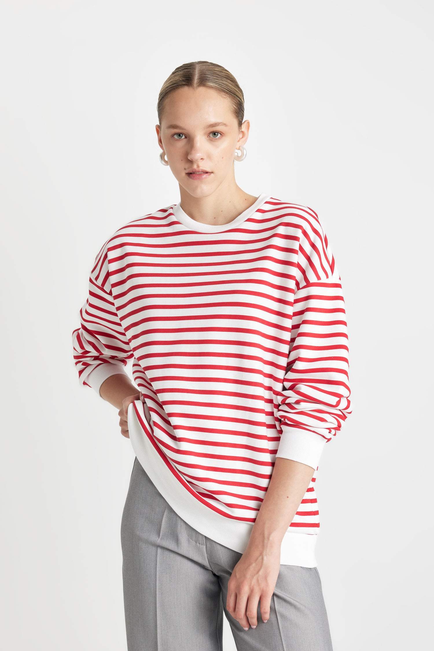 Sweatshirt Oversize rayé à col rond en tissu épais