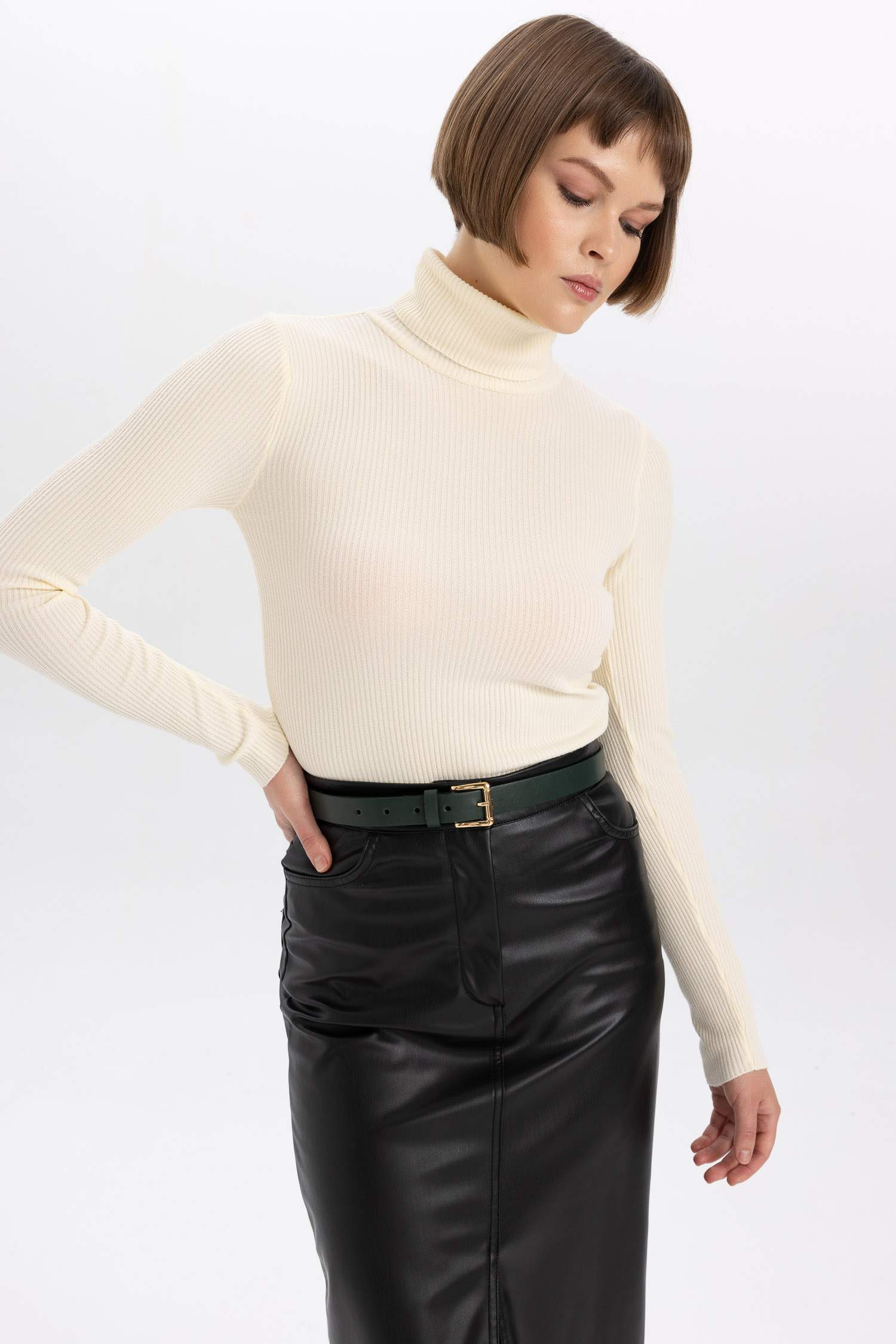 Fitted Balıkçı Yaka Basic Düz Triko Kazak