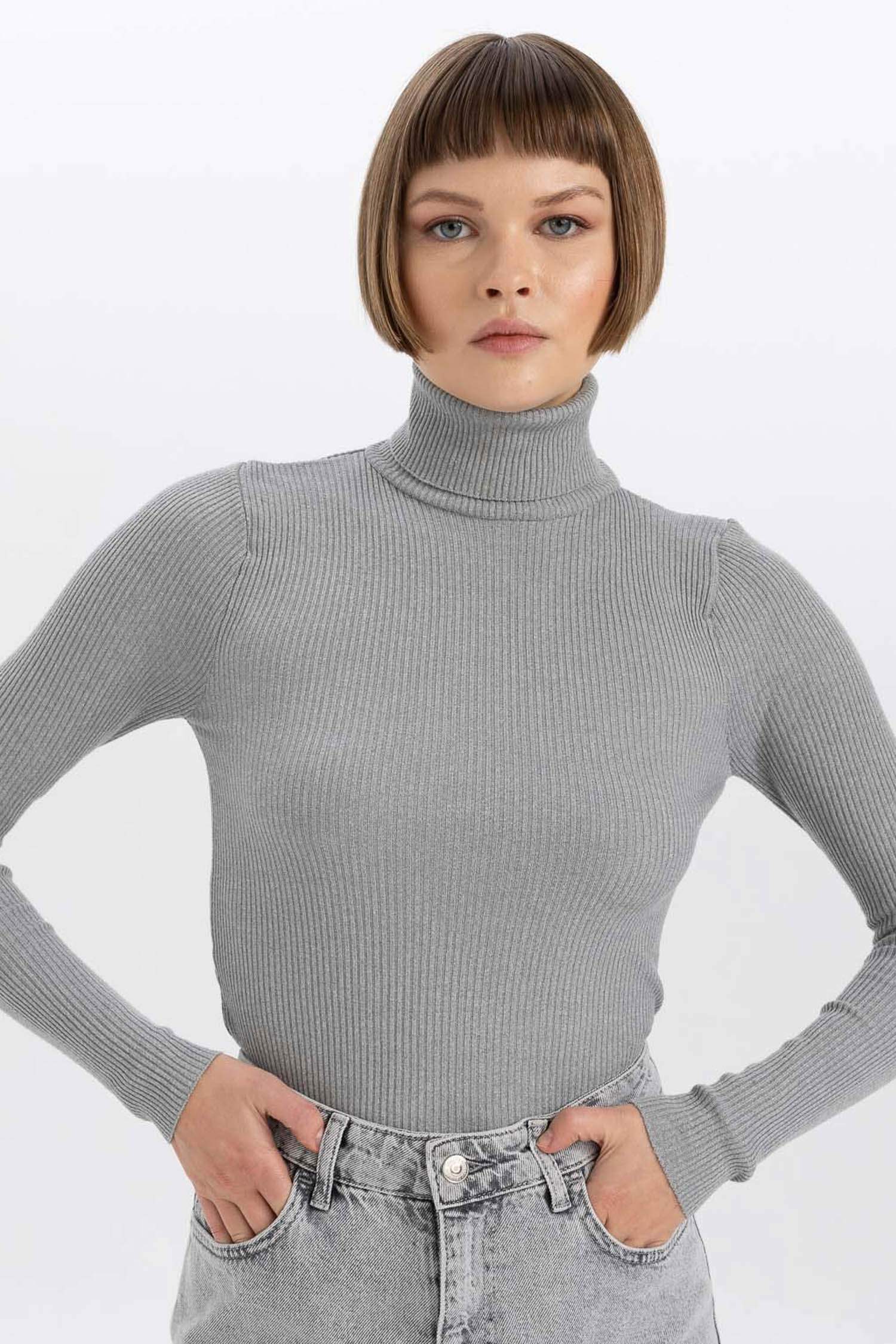 Fitted Balıkçı Yaka Basic Düz Triko Kazak