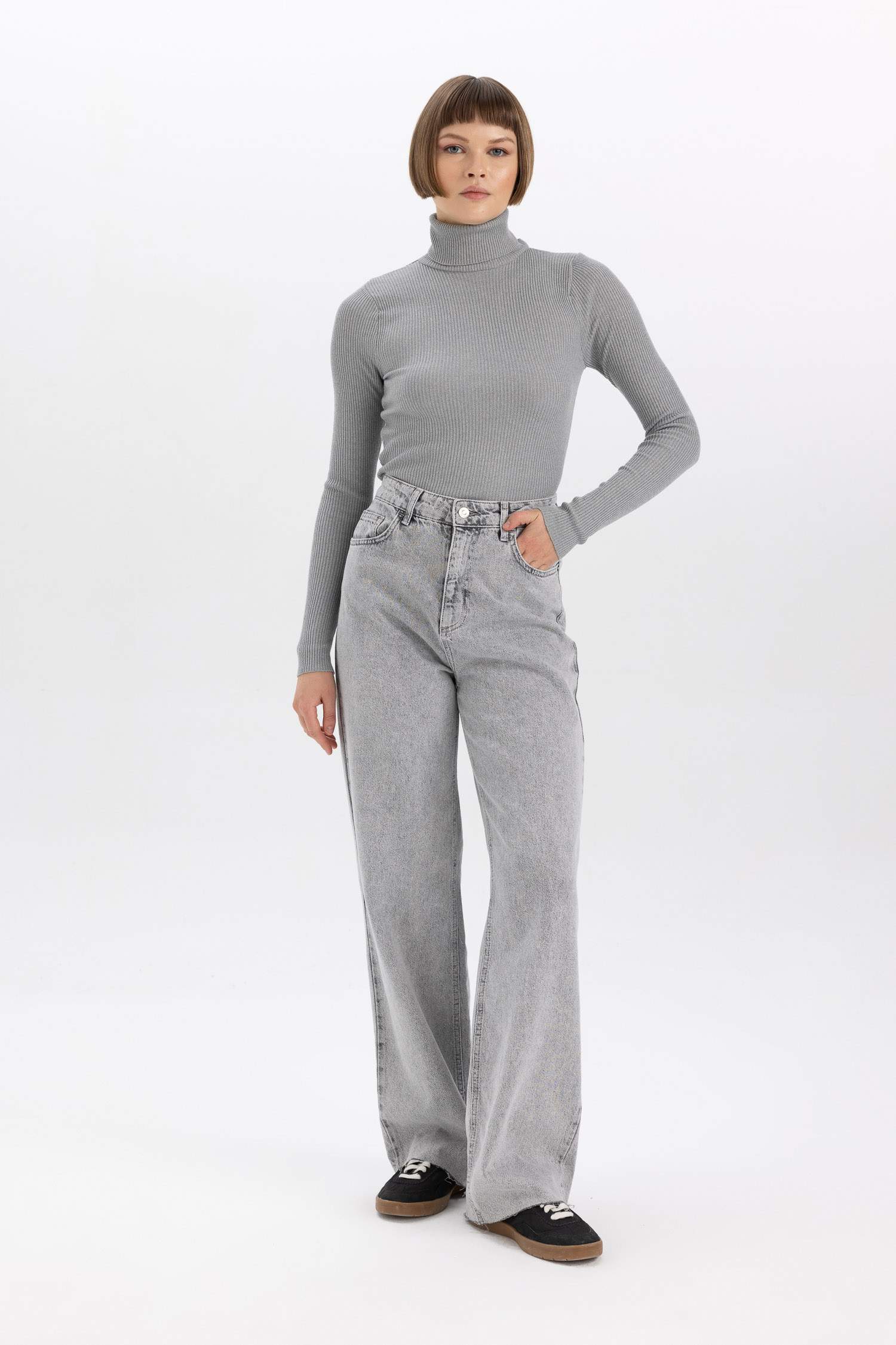 Fitted Balıkçı Yaka Basic Düz Triko Kazak