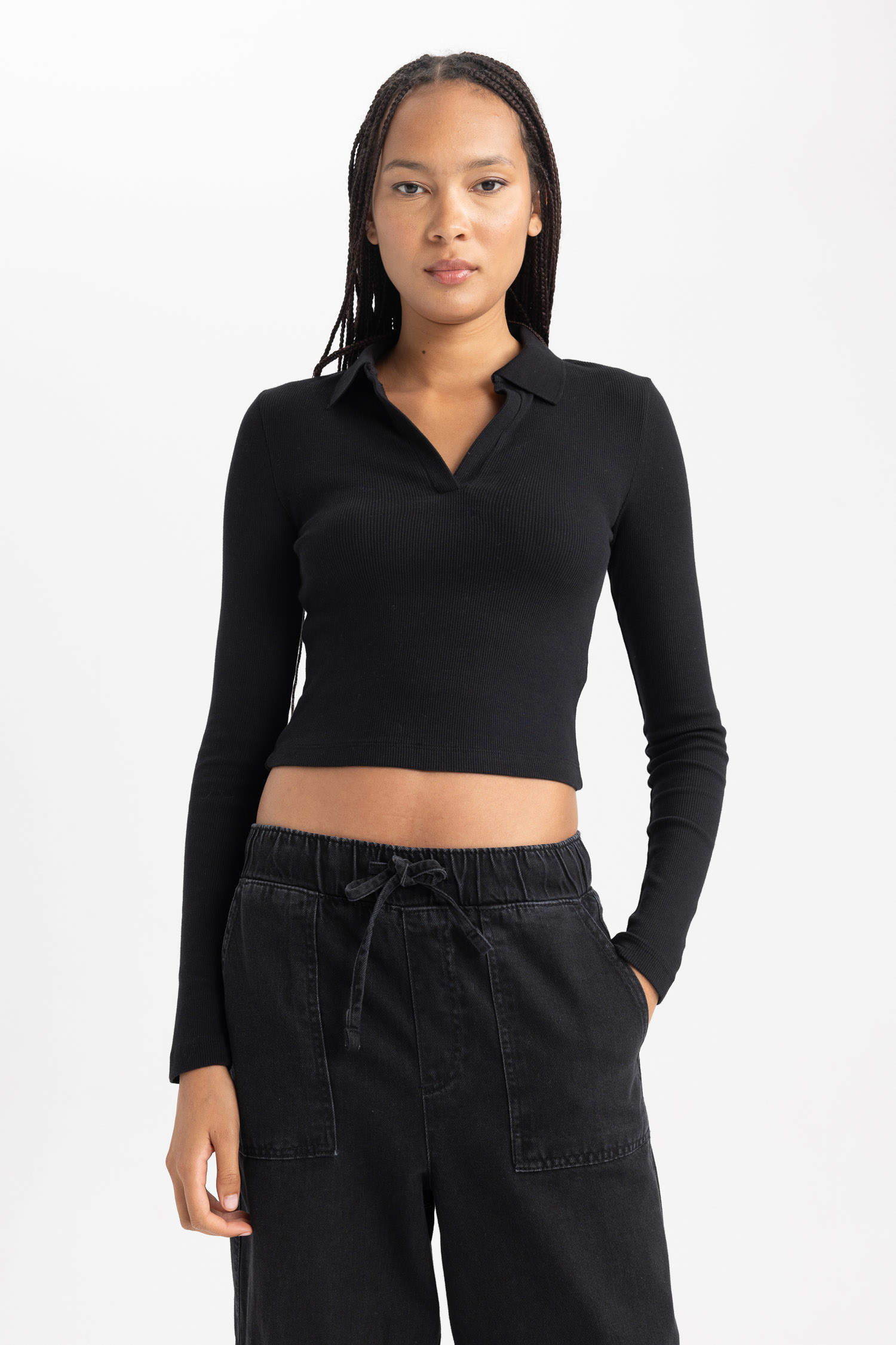 Black WOMEN Slim Fit Polo Collar Camisole Long Sleeve T-Shirt 2905037 ...
