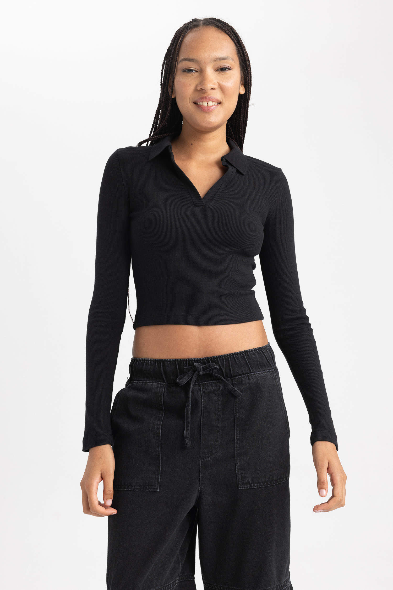 Black WOMEN Slim Fit Polo Collar Camisole Long Sleeve T-Shirt 2905037 ...
