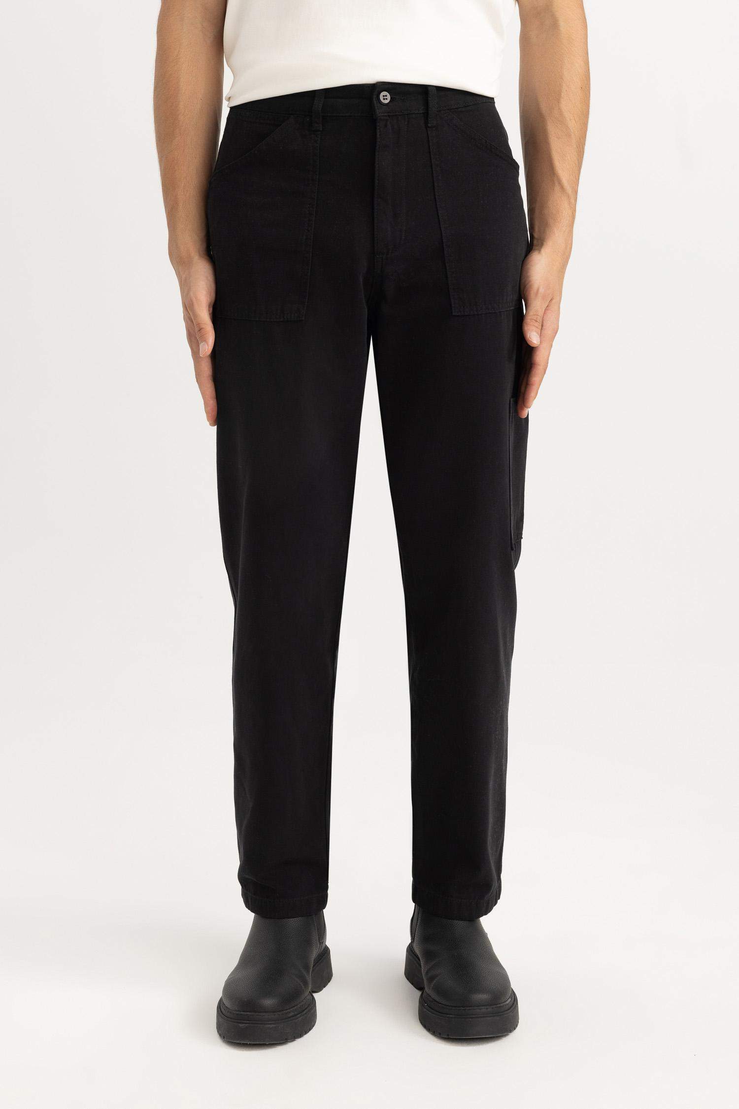 %100 Pamuk Yazlık Kanvas Pantolon Straight Fit Normal Kalıp Normal Bel Boru Paça Basic Düz Cepli