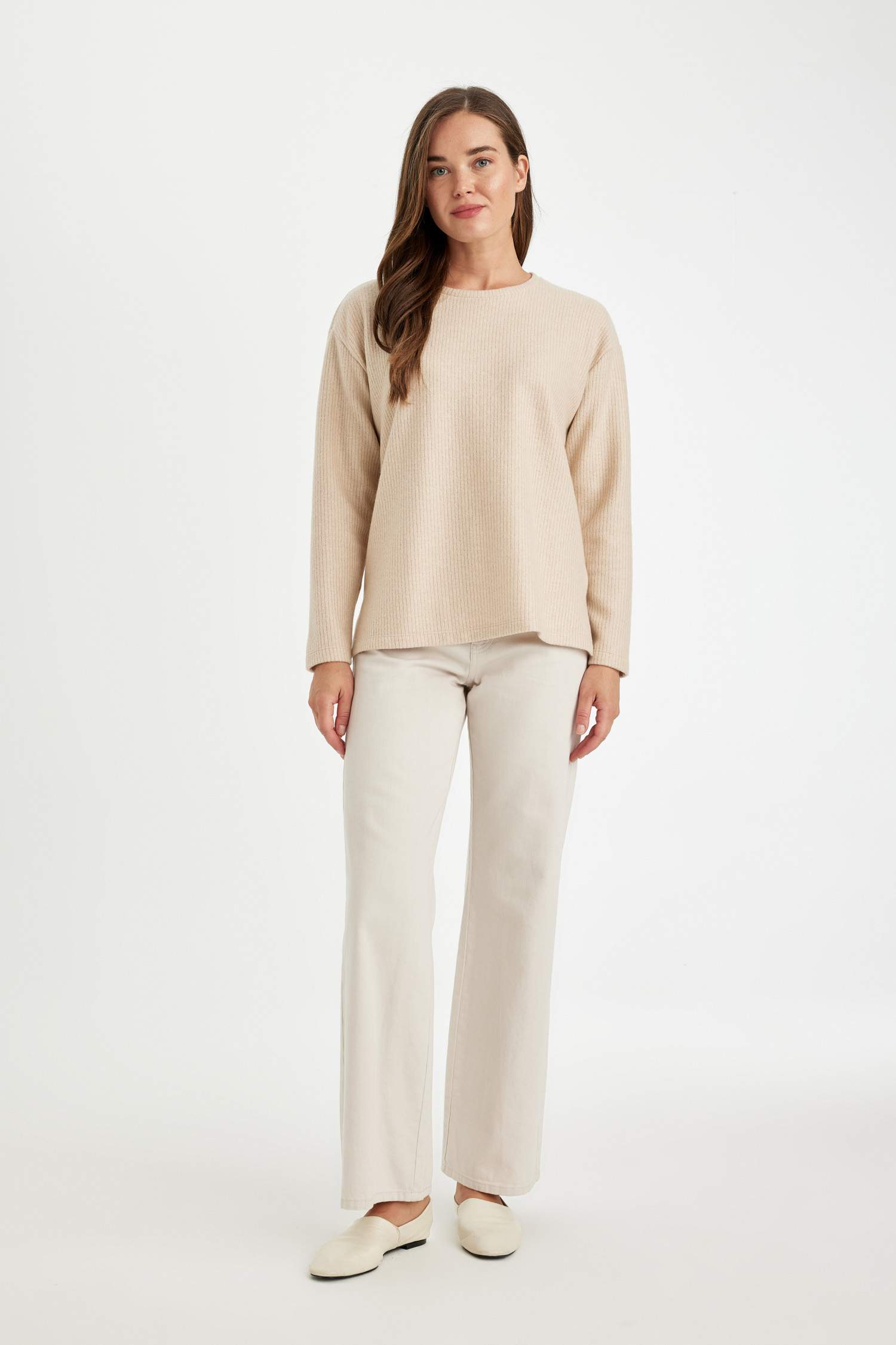 Relax Fit Bisiklet Yaka Fitilli Kaşkorse Yırtmaçlı Basic Düz Sweatshirt