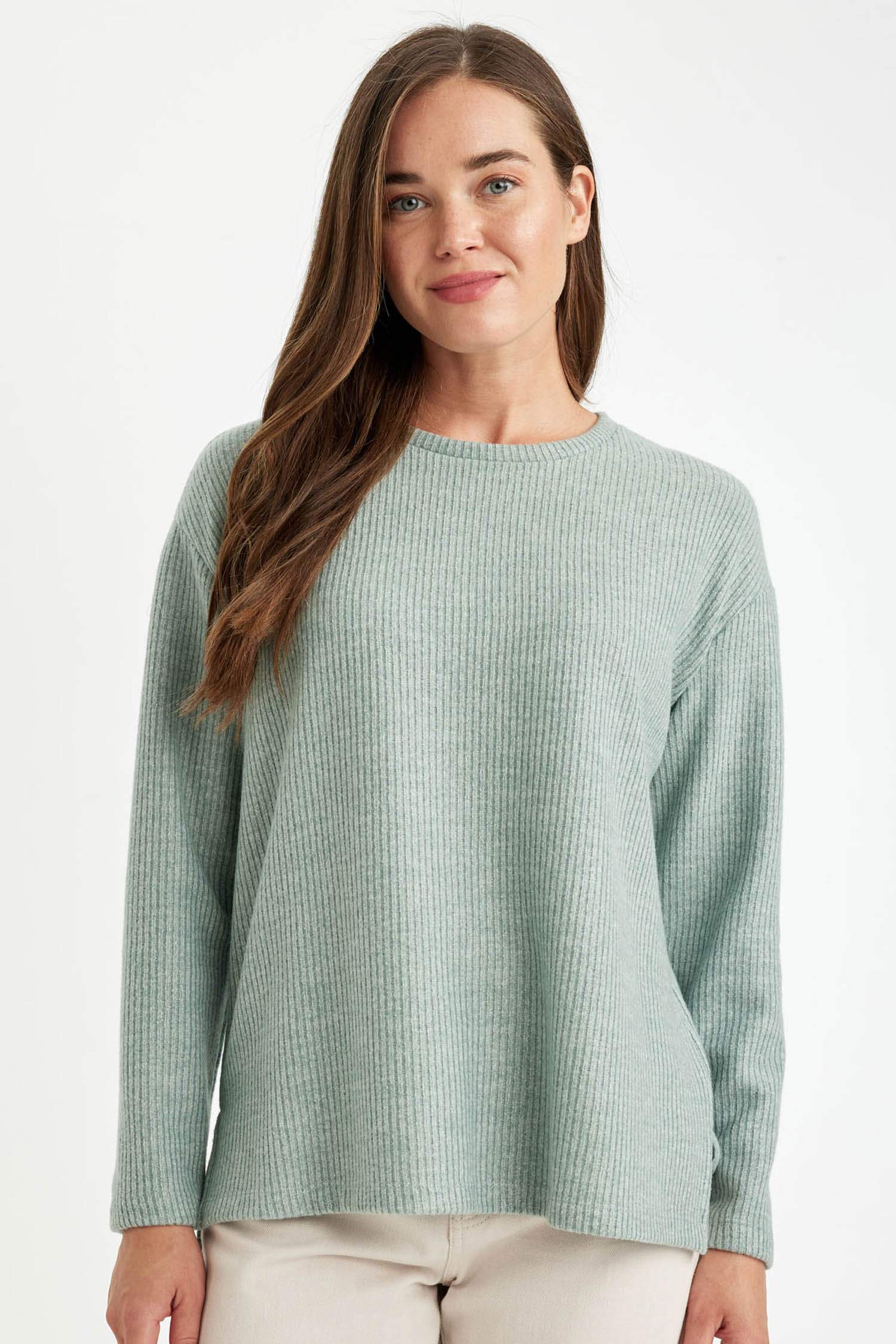 Relax Fit Bisiklet Yaka Fitilli Kaşkorse Yırtmaçlı Basic Düz Sweatshirt