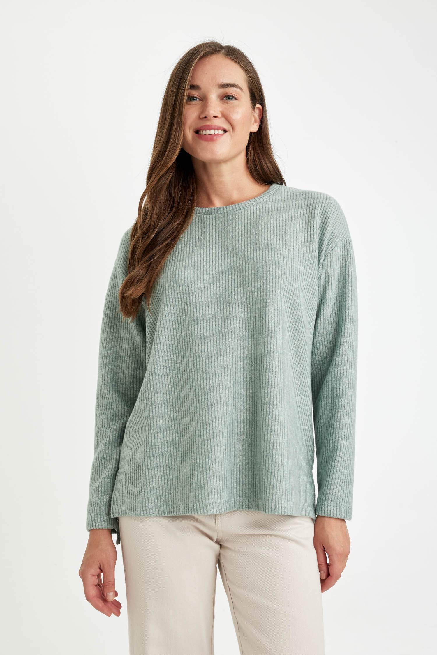 Relax Fit Bisiklet Yaka Fitilli Kaşkorse Yırtmaçlı Basic Düz Sweatshirt