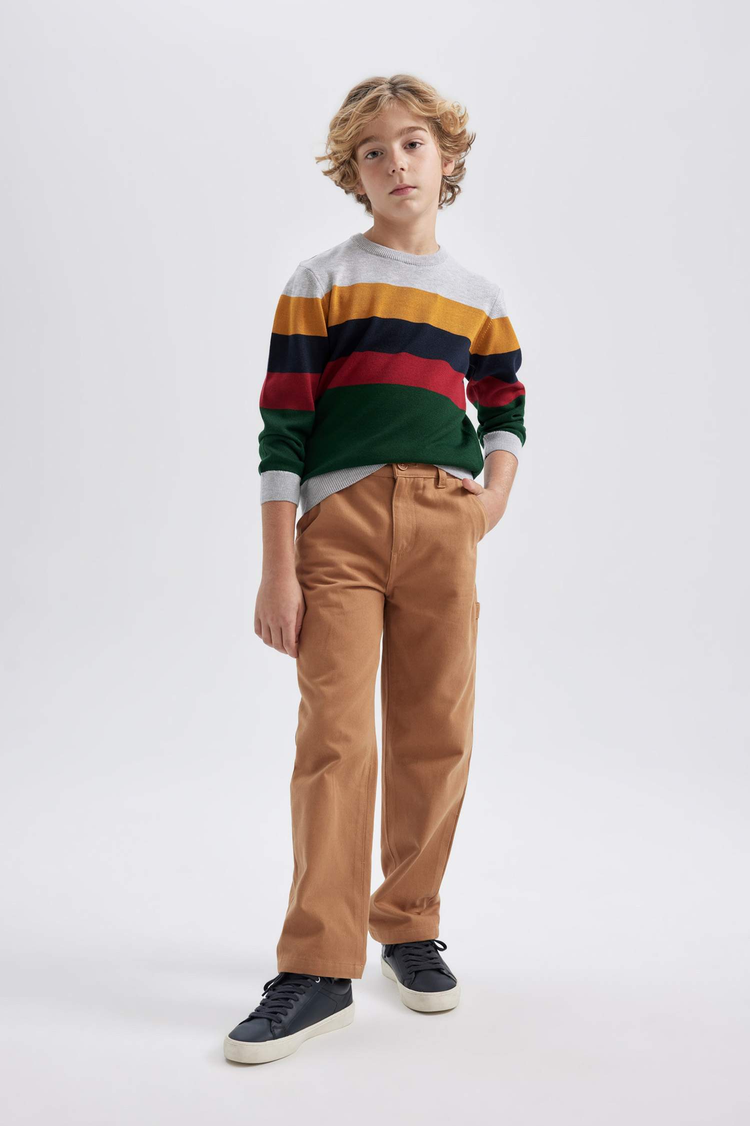 بلوفر اولادي تريكو قصة عادية برقبة مستديرة ميلانج رمادي فاتح