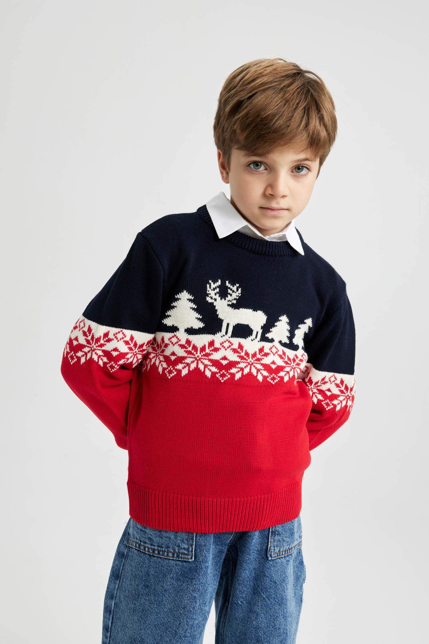 Boy New Year Themed Crew Neck Knitted Pullover