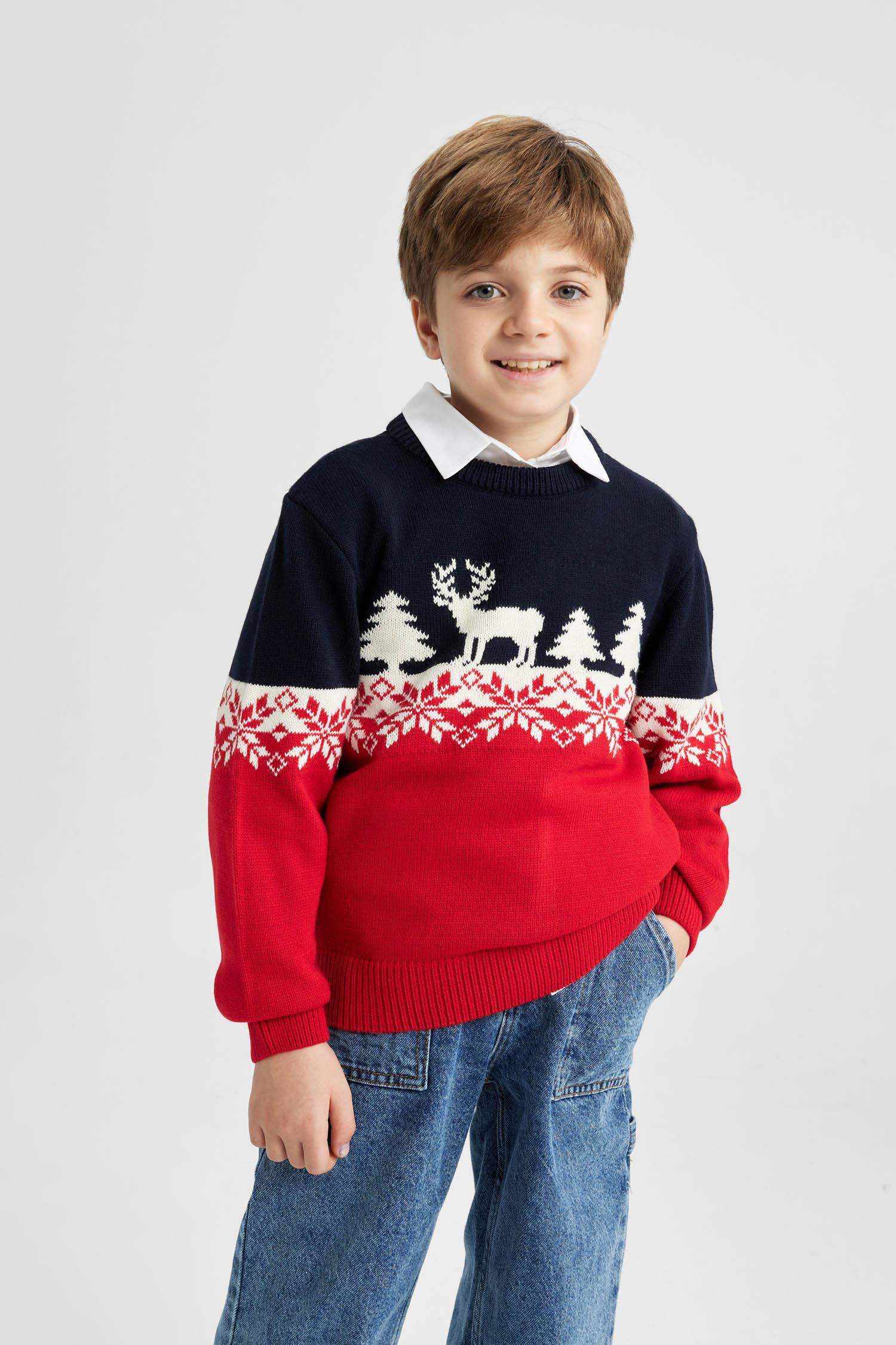 Boy New Year Themed Crew Neck Knitted Pullover