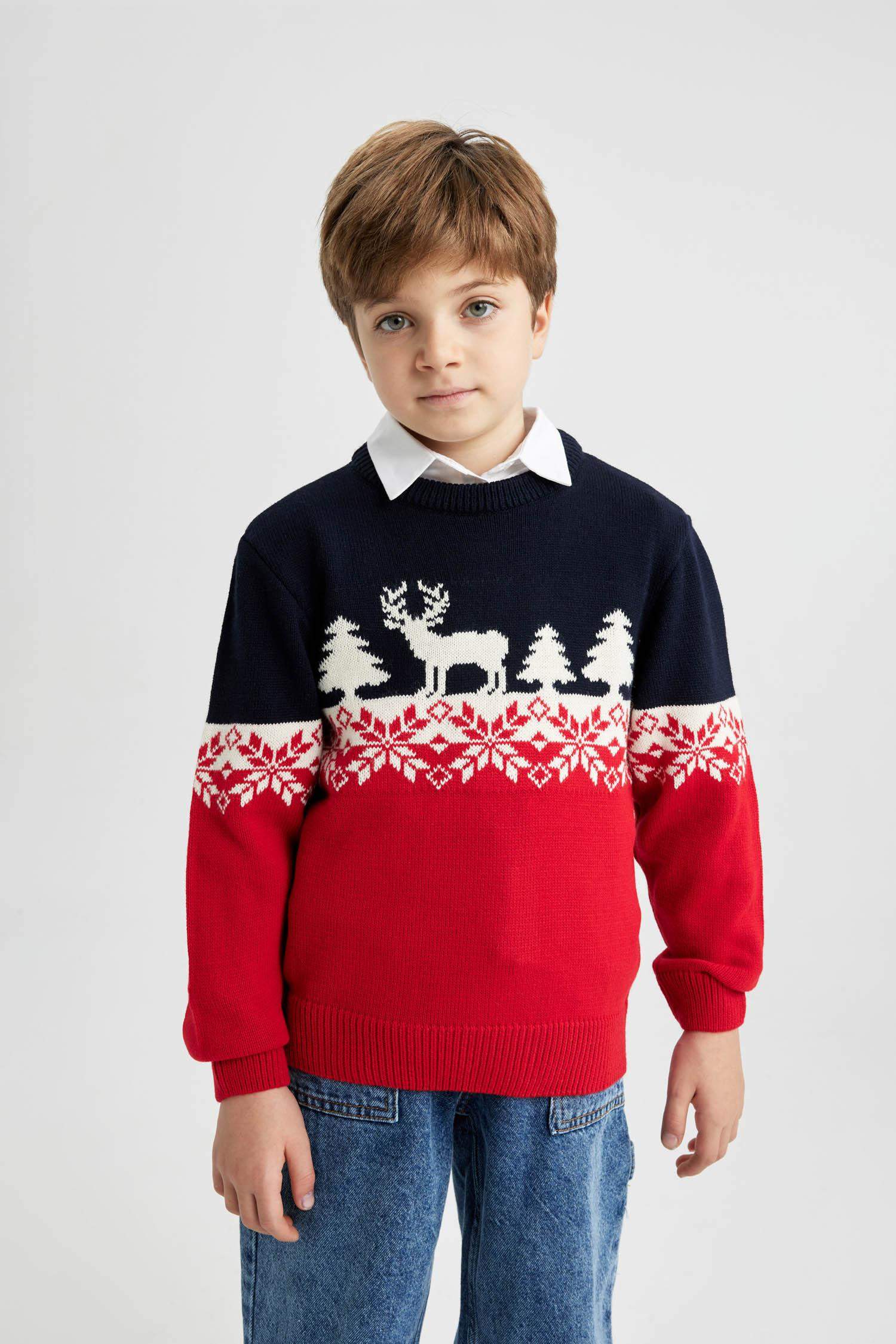 Boy New Year Themed Crew Neck Knitted Pullover