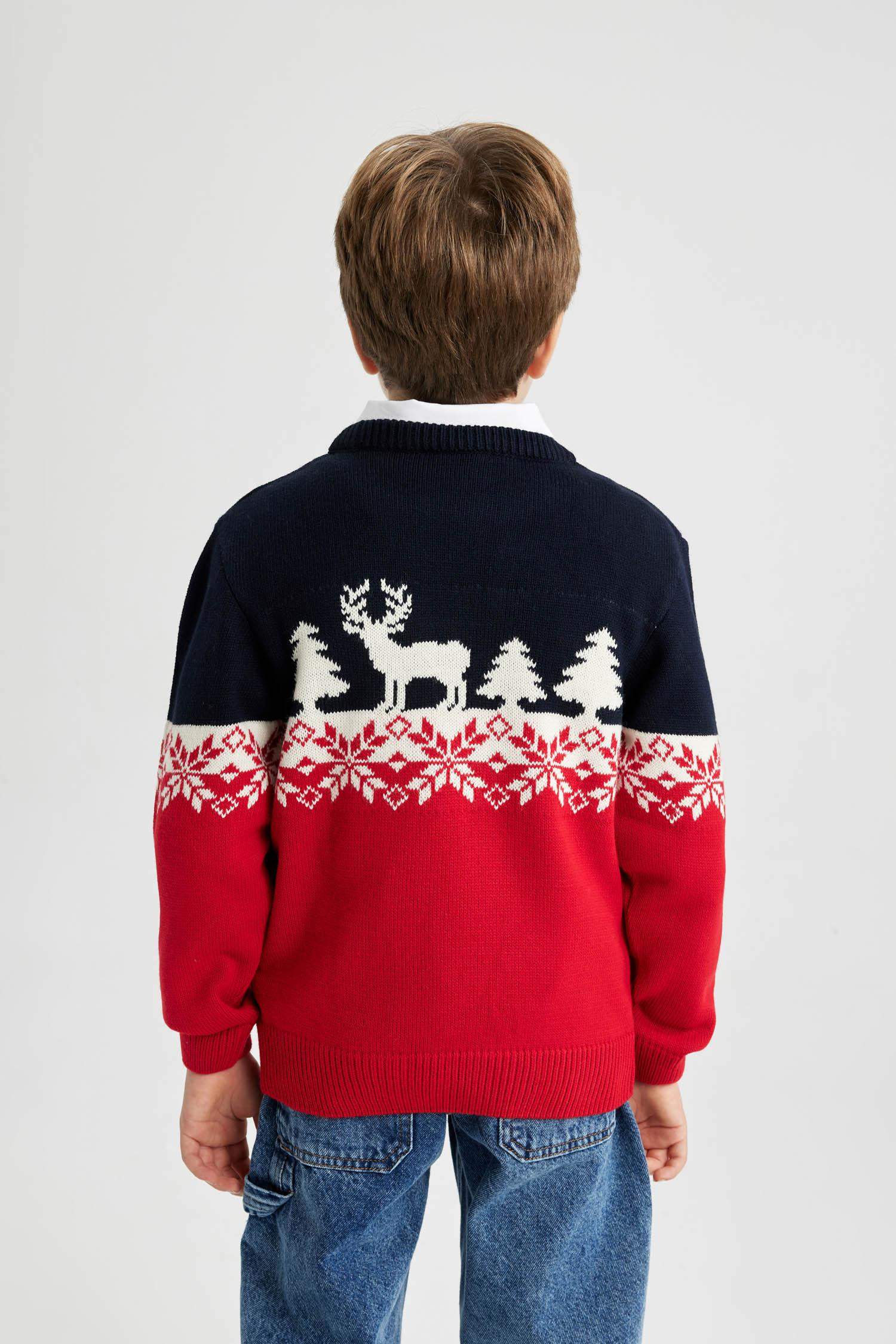 Boy New Year Themed Crew Neck Knitted Pullover