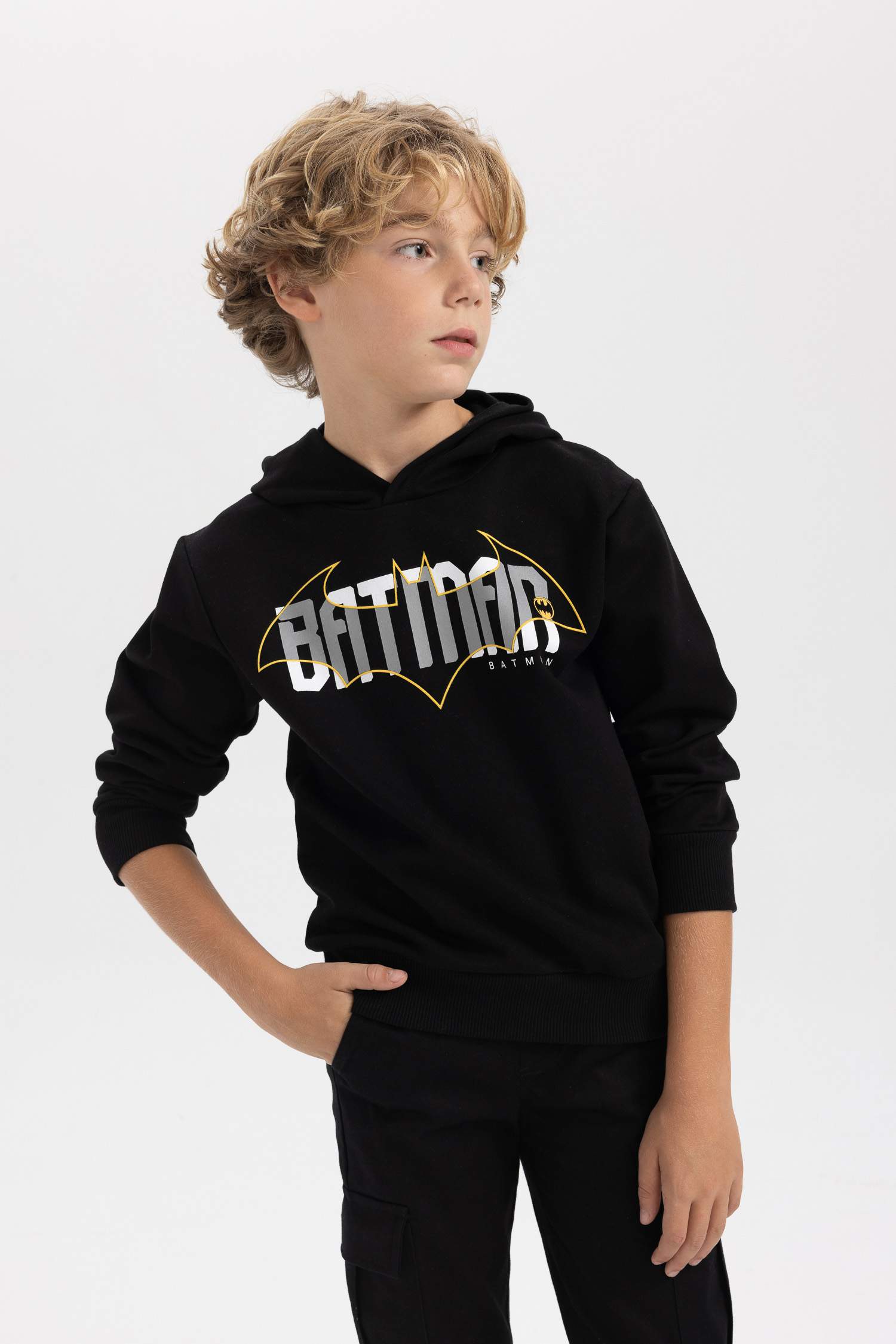 سويت شيرت ولادي قصة عادية بغطاء للرأس من باتمان