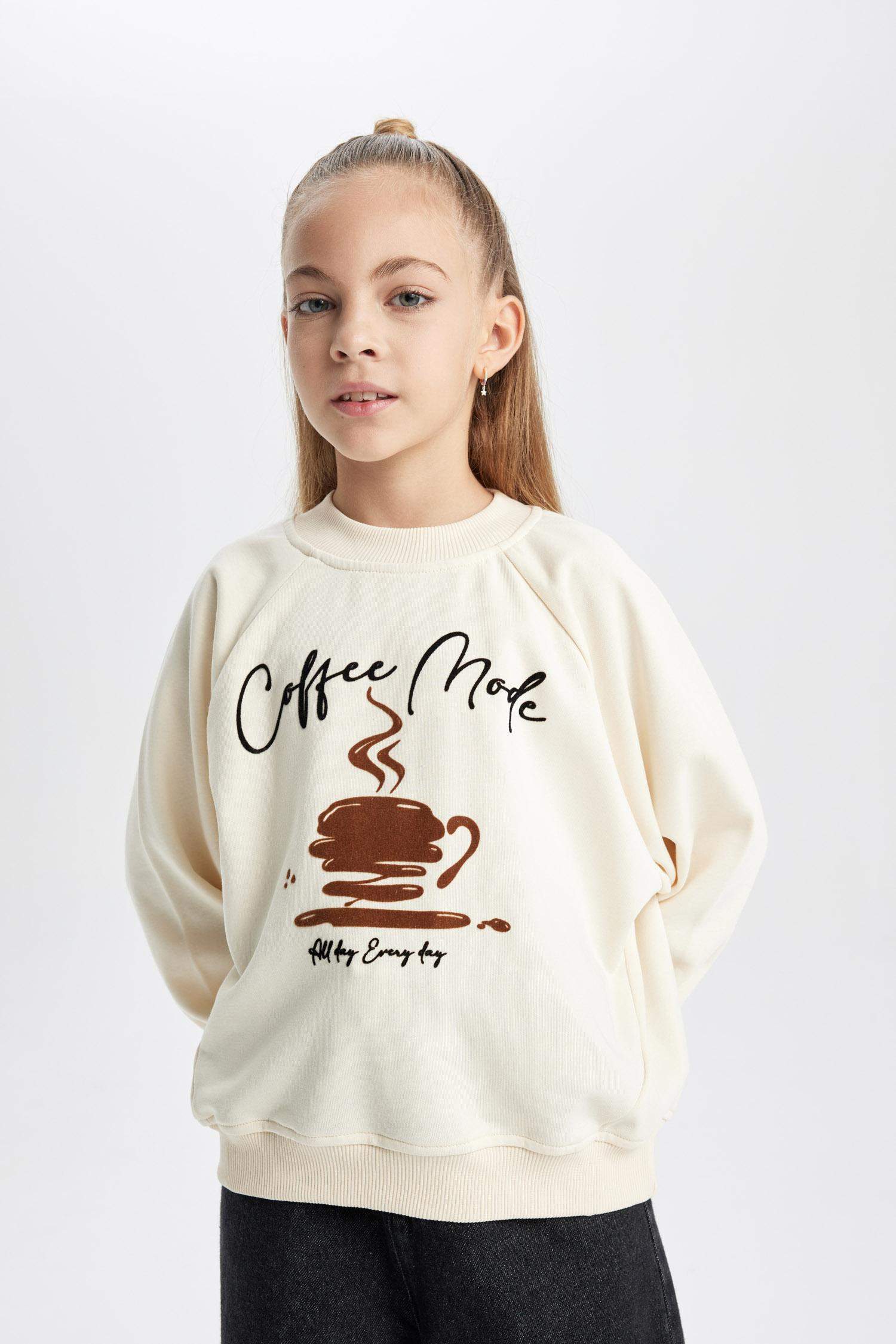 Girl Oversize Fit Crew Neck Printed Thick Sweatshirt