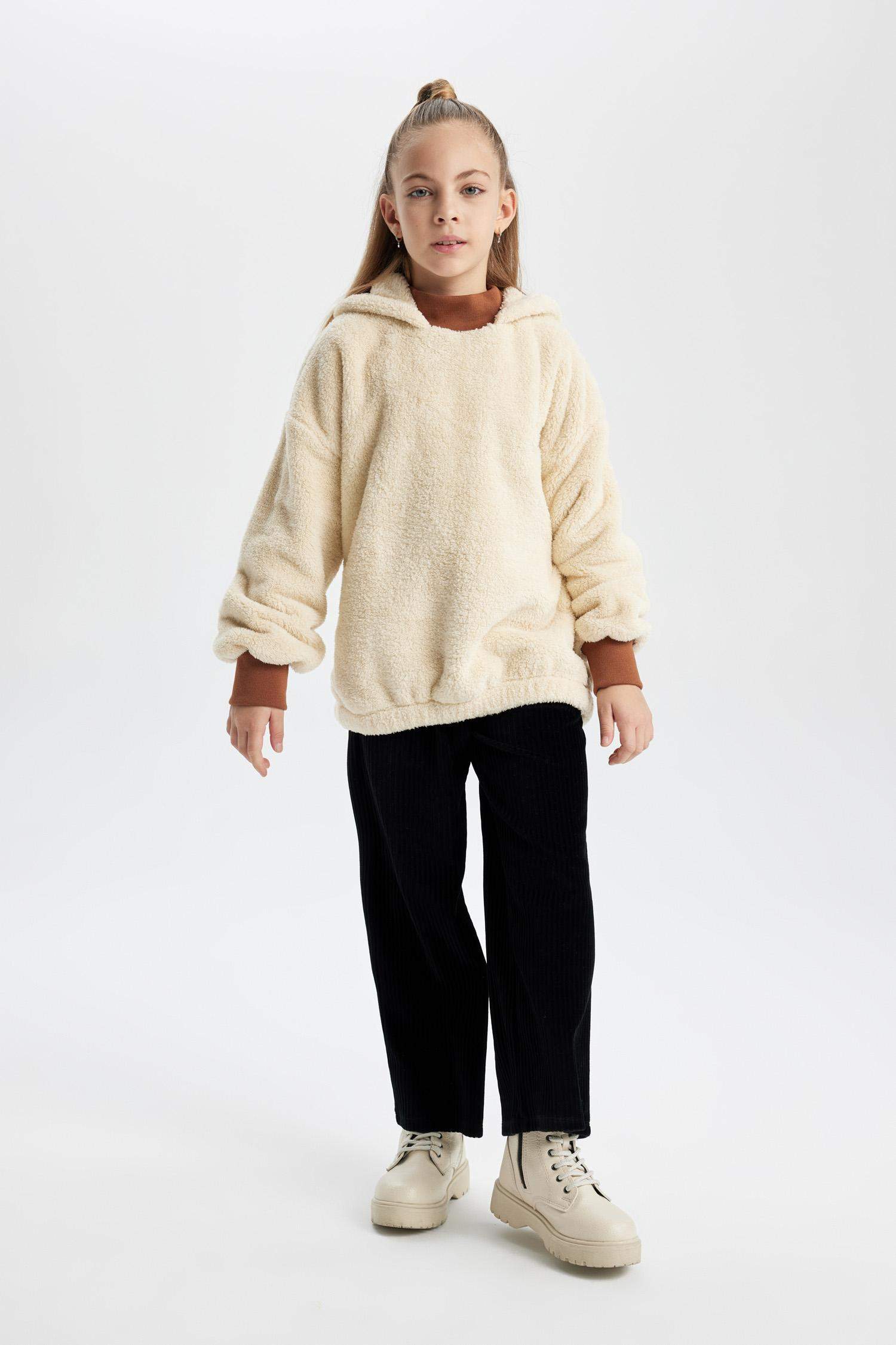 Kız Çocuk Oversize Geniş Kalıp Kapüşonlu Pelüş Sweatshirt