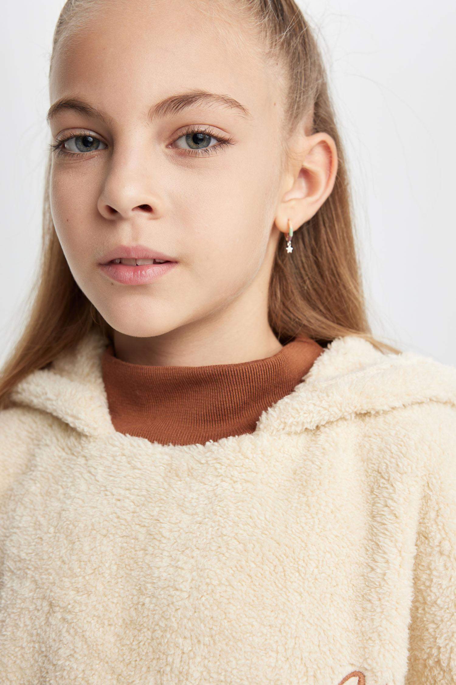 Kız Çocuk Oversize Geniş Kalıp Kapüşonlu Pelüş Sweatshirt