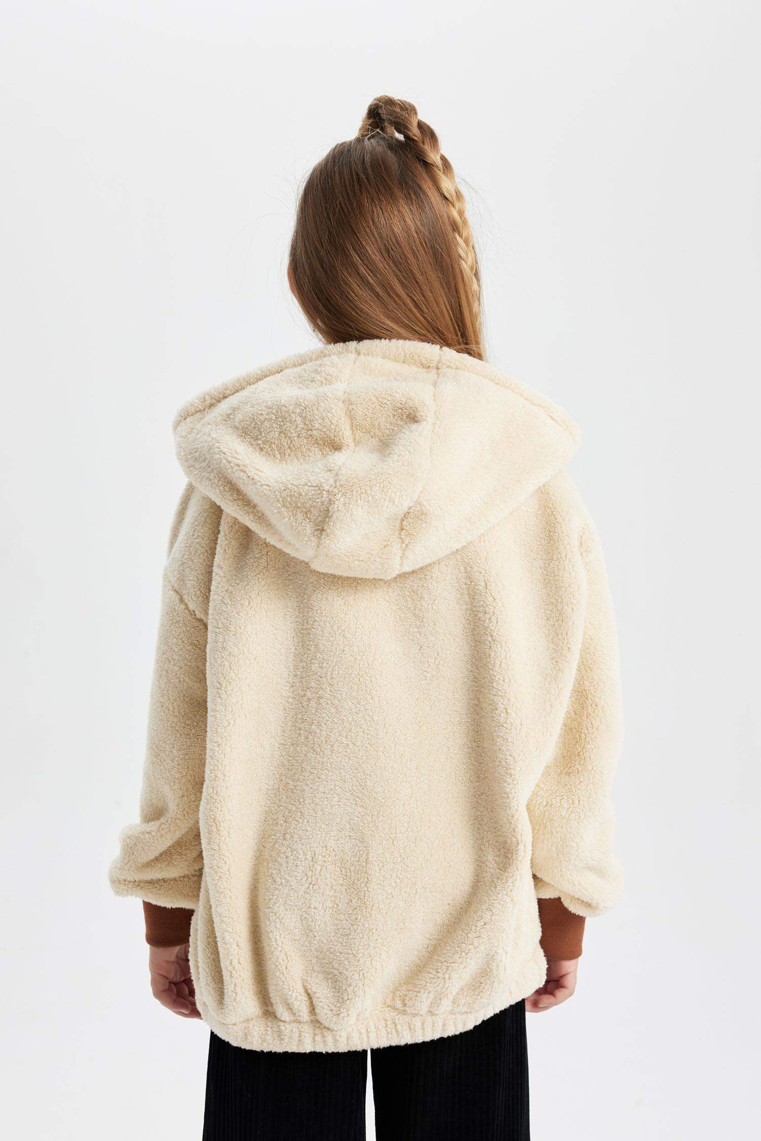 Kız Çocuk Oversize Geniş Kalıp Kapüşonlu Pelüş Sweatshirt