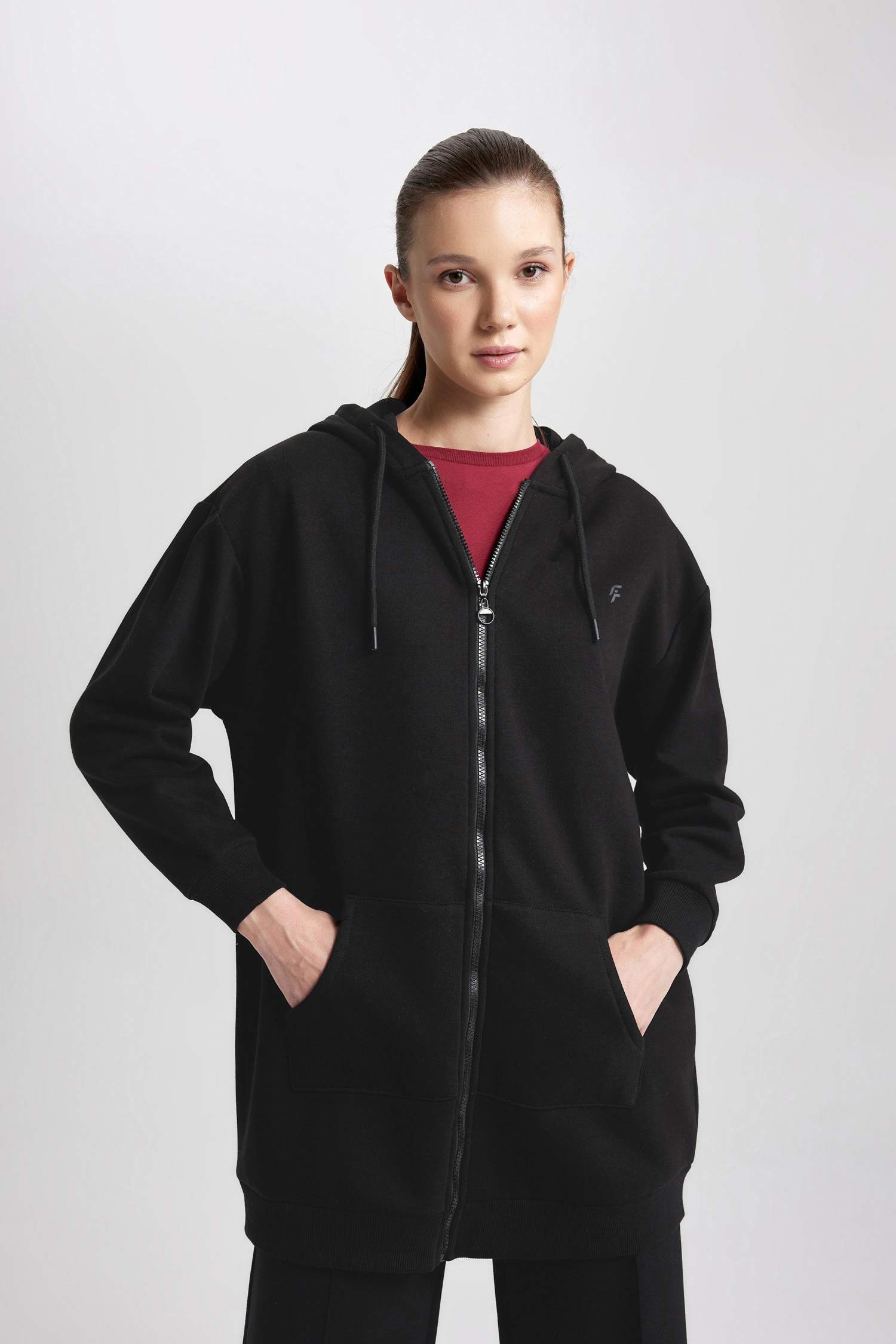 DeFactoFit Long Fit Hooded Zippered Thick Sweatshirt