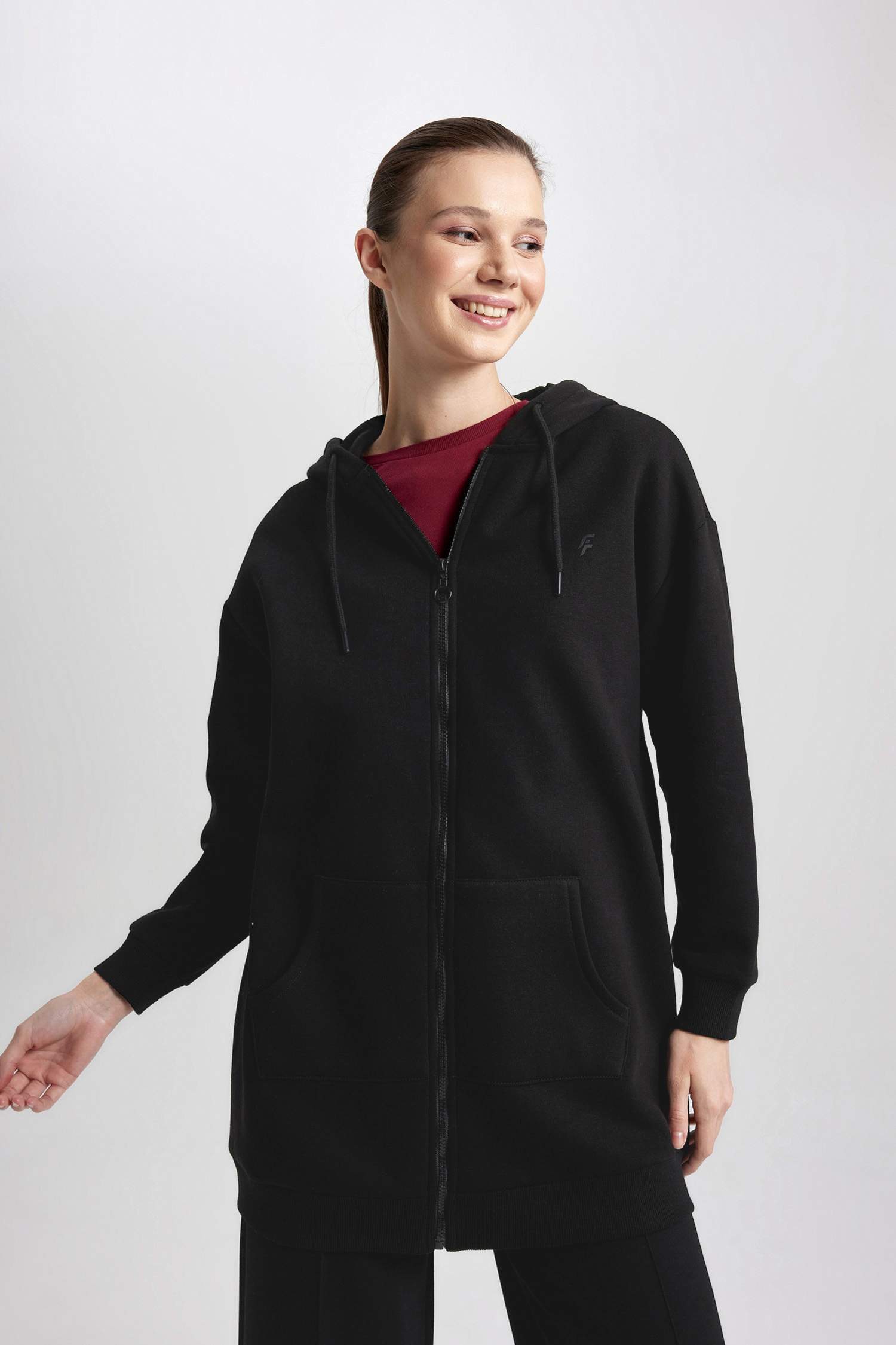 DeFactoFit Long Fit Hooded Zippered Thick Sweatshirt