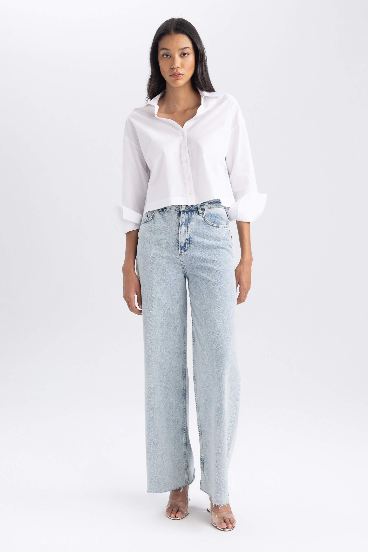 Crop Shirt Collar Poplin Long Sleeve Shirt