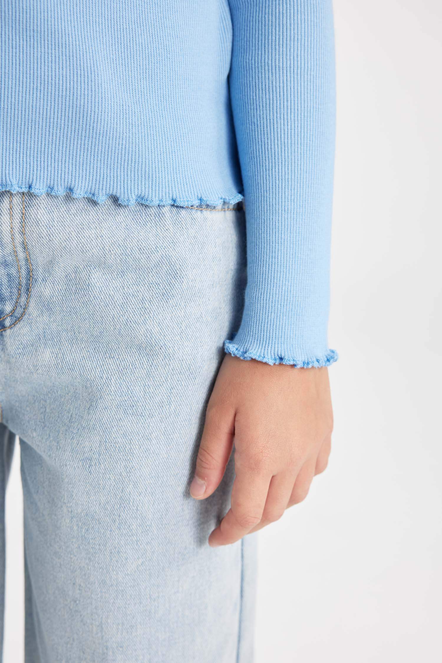 Kız Çocuk Bisiklet Yaka Basic Düz Fitilli Kaşkorse Uzun Kollu Okul Tişörtü