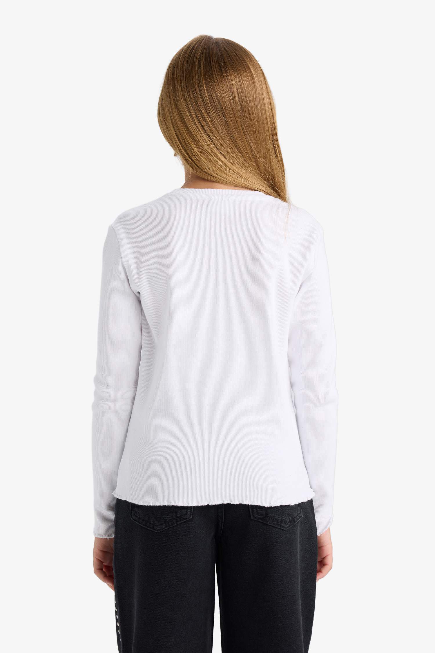 Kız Çocuk Bisiklet Yaka Basic Düz Fitilli Kaşkorse Uzun Kollu Okul Tişörtü