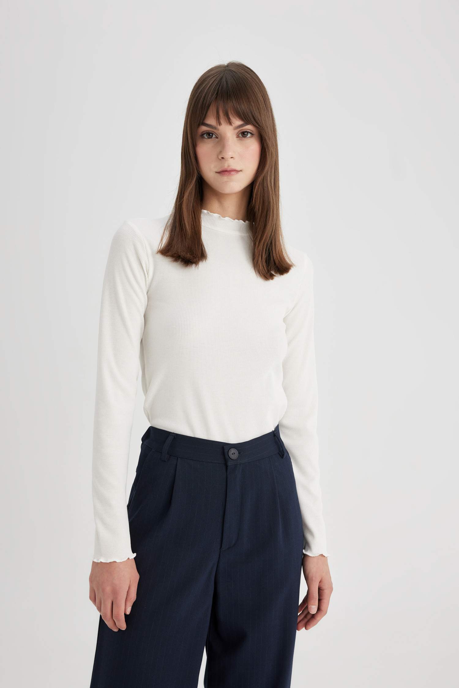 Slim Fit Yarım Balıkçı Yaka Fitilli Kaşkorse Basic Uzun Kollu Tişört