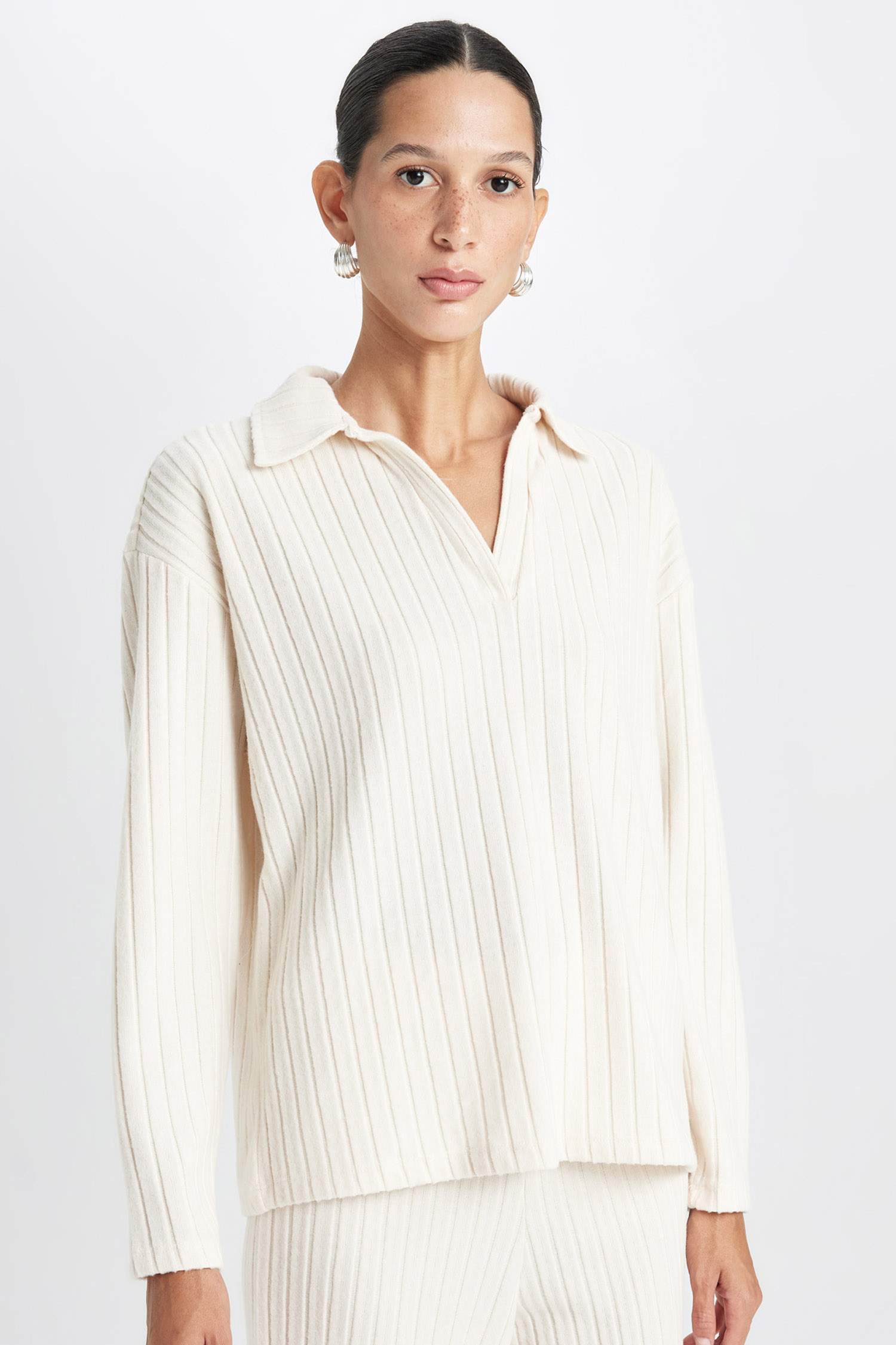 Relax Fit Polo Yaka Casual Fitilli Kaşkorse Uzun Kollu Tişört