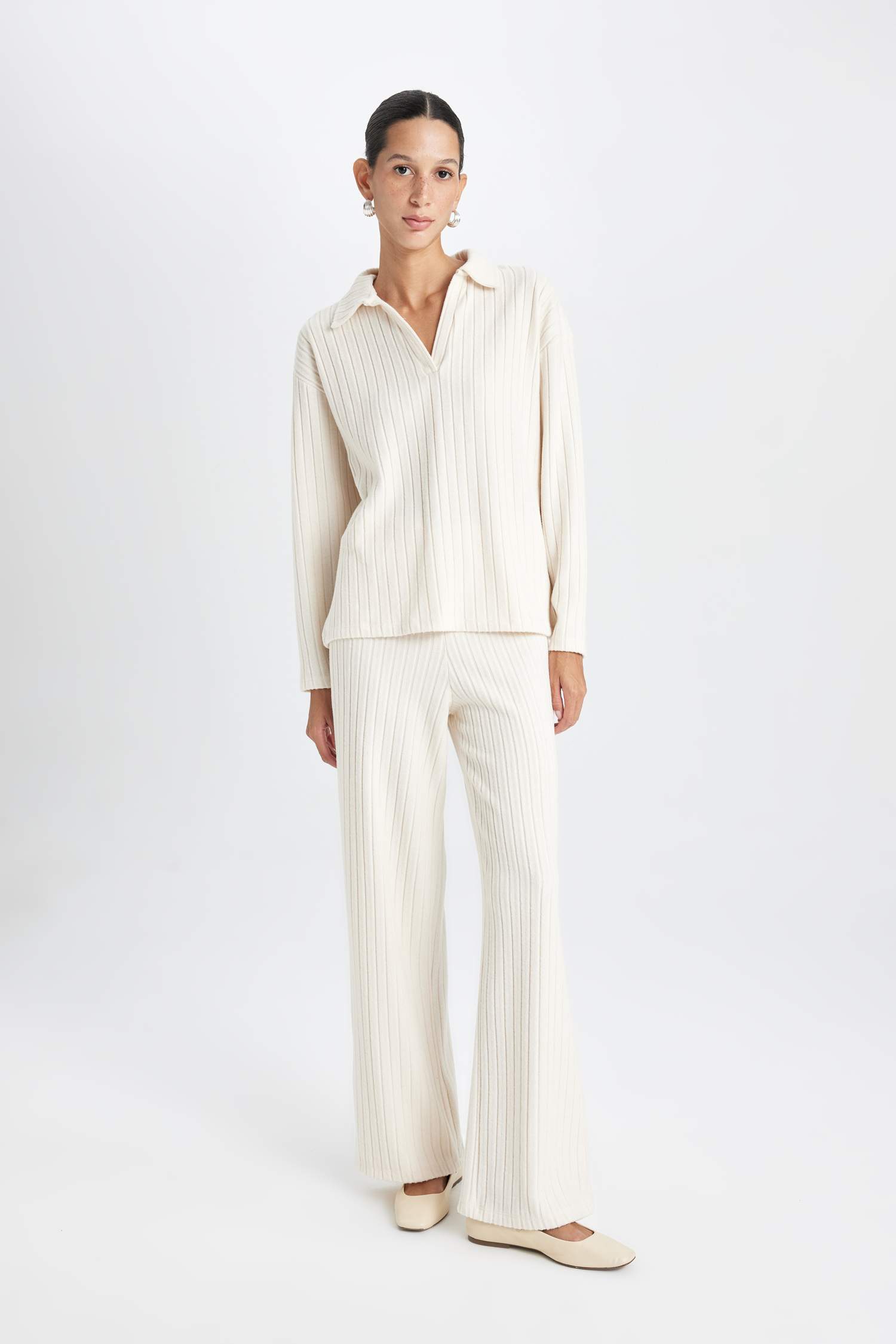 Relax Fit Polo Yaka Casual Fitilli Kaşkorse Uzun Kollu Tişört