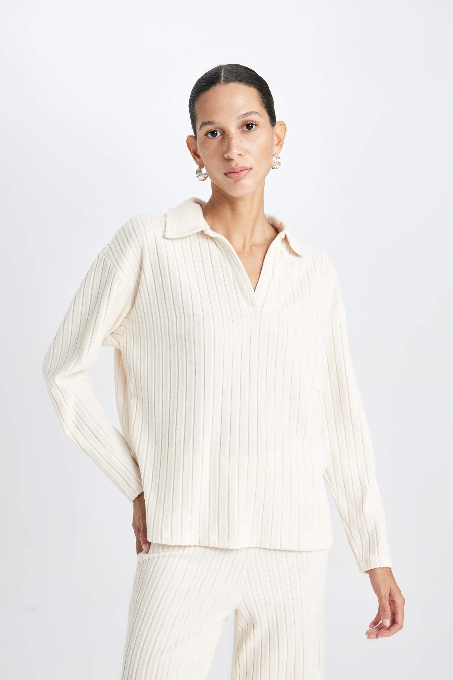 Relax Fit Polo Yaka Casual Fitilli Kaşkorse Uzun Kollu Tişört