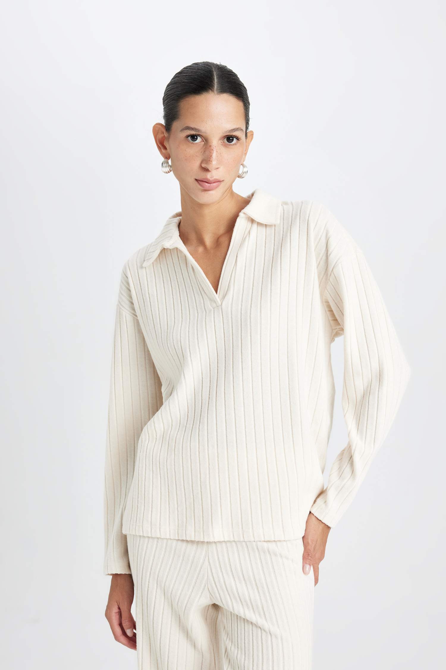 Relax Fit Polo Yaka Casual Fitilli Kaşkorse Uzun Kollu Tişört