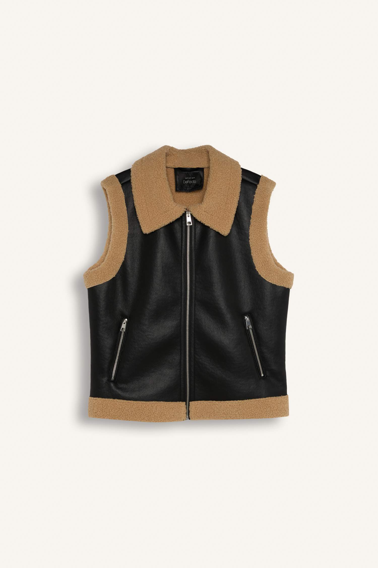 Su Geçirmez Regular Kalıp İçi Suni Kürklü Fermuarlı Suni Deri Yelek