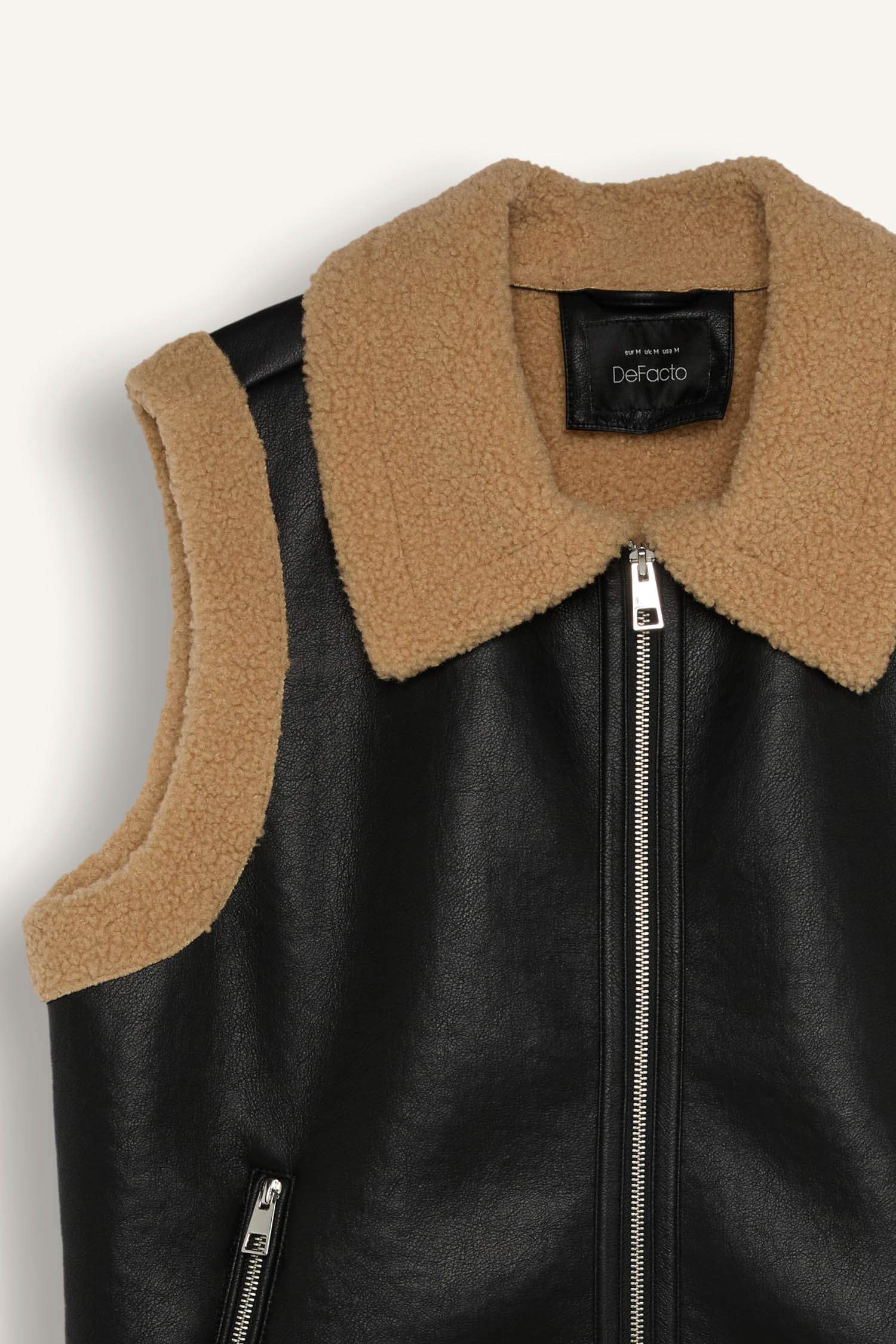 Su Geçirmez Regular Kalıp İçi Suni Kürklü Fermuarlı Suni Deri Yelek