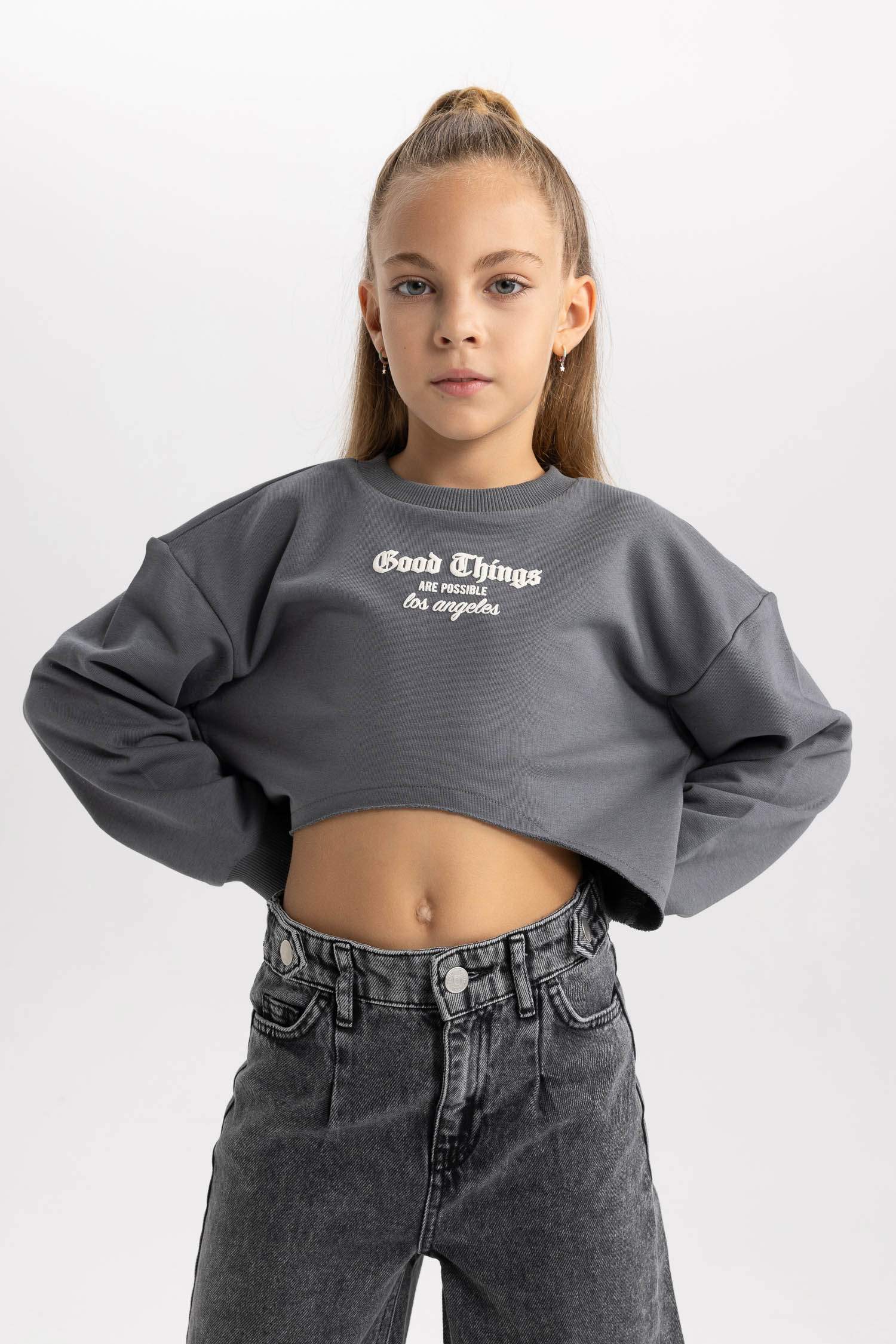 Kız Çocuk 2'li Takım Baskılı Crop Bisiklet Yaka  Sweatshirt Askılı Atlet