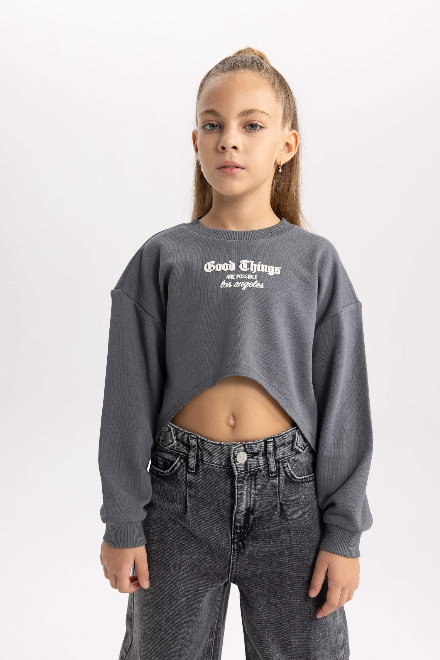 Kız Çocuk 2'li Takım Baskılı Crop Bisiklet Yaka  Sweatshirt Askılı Atlet